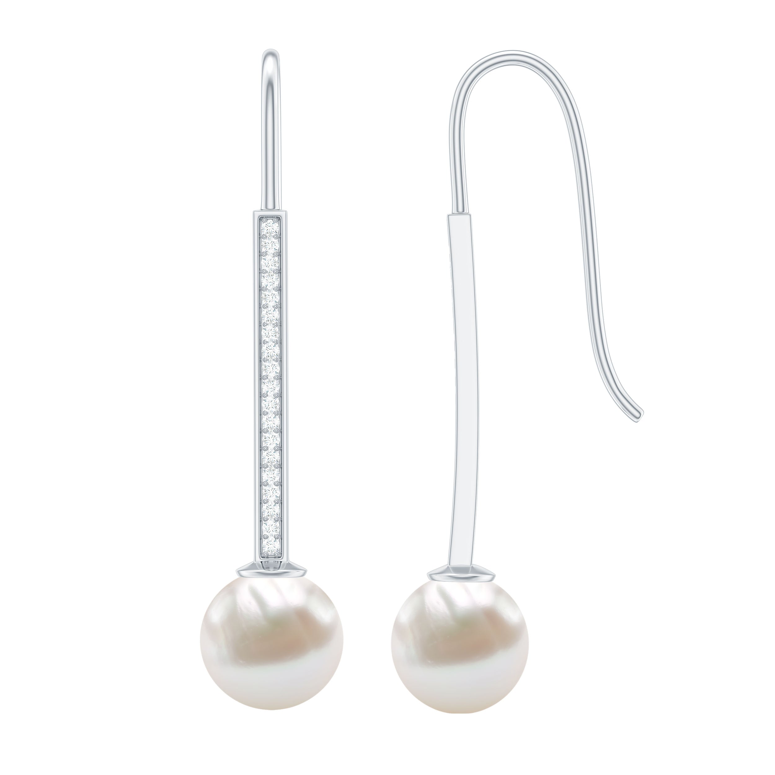 Freshwater Pearl and Diamond Drop Earrings with Fish Hook Closure