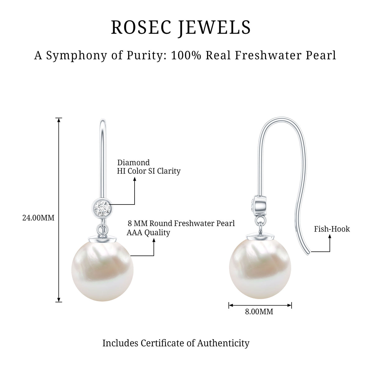 Real Freshwater Pearl Drop Earrings with Diamond AAA - Rosec Jewels