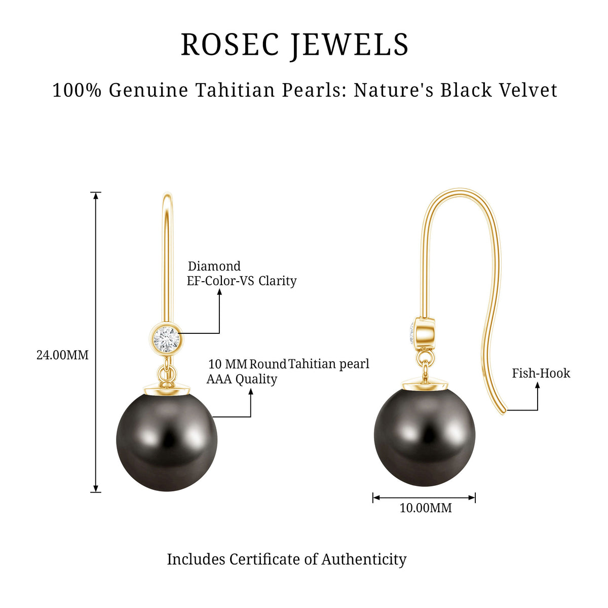 16 Carat Tahitian Black Pearl Dangling Earrings with Diamond AAA - Rosec Jewels