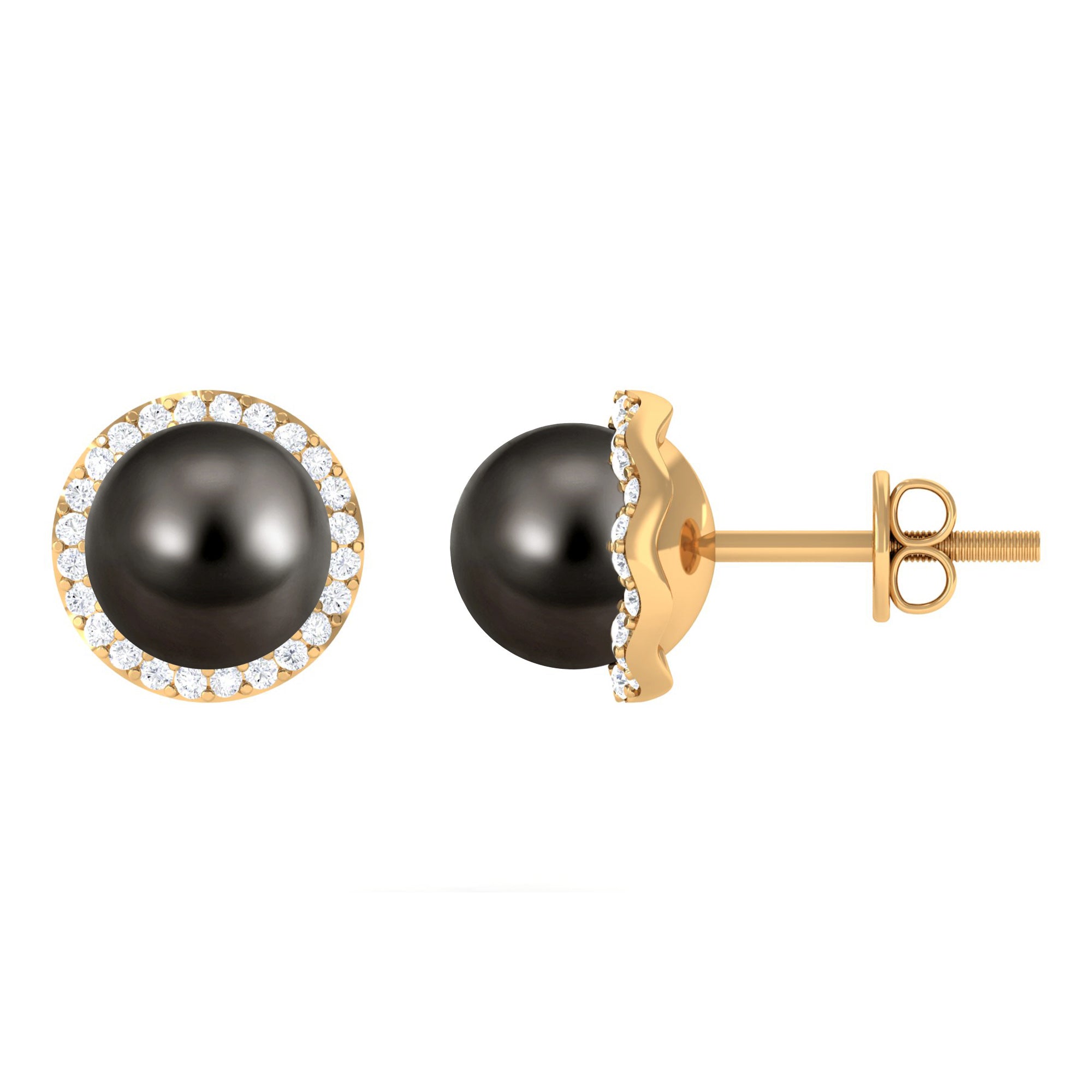16 CT Black Pearl and Diamond Halo Stud Earrings AAA - Rosec Jewels