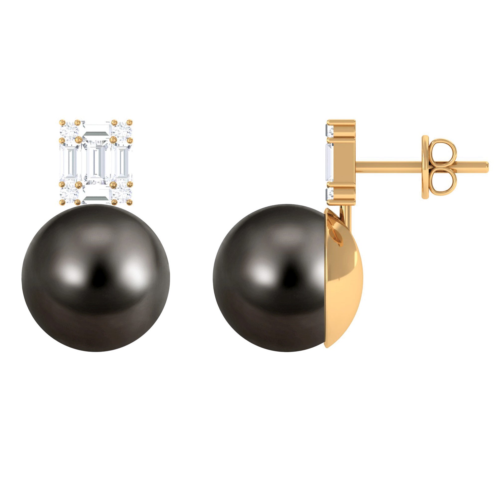 15 Carat Tahitian Black Pearl Stud Earrings with Diamonds AAA - Rosec Jewels