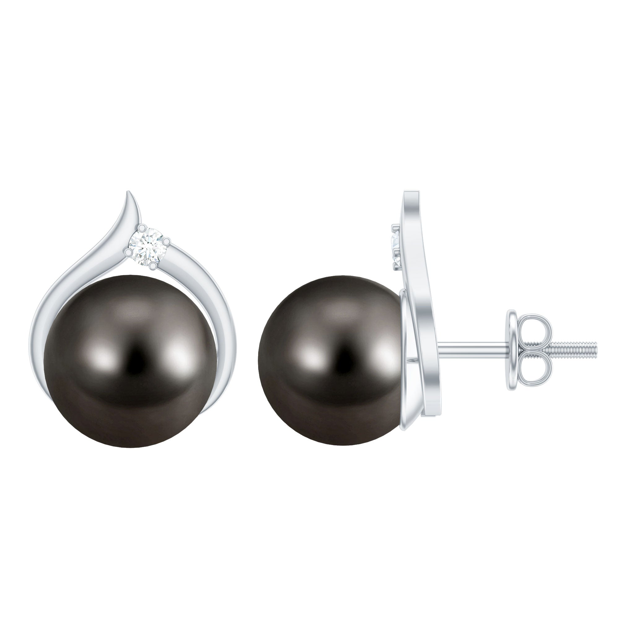 Elegant Black Pearl Solitaire Stud Earrings with Diamond