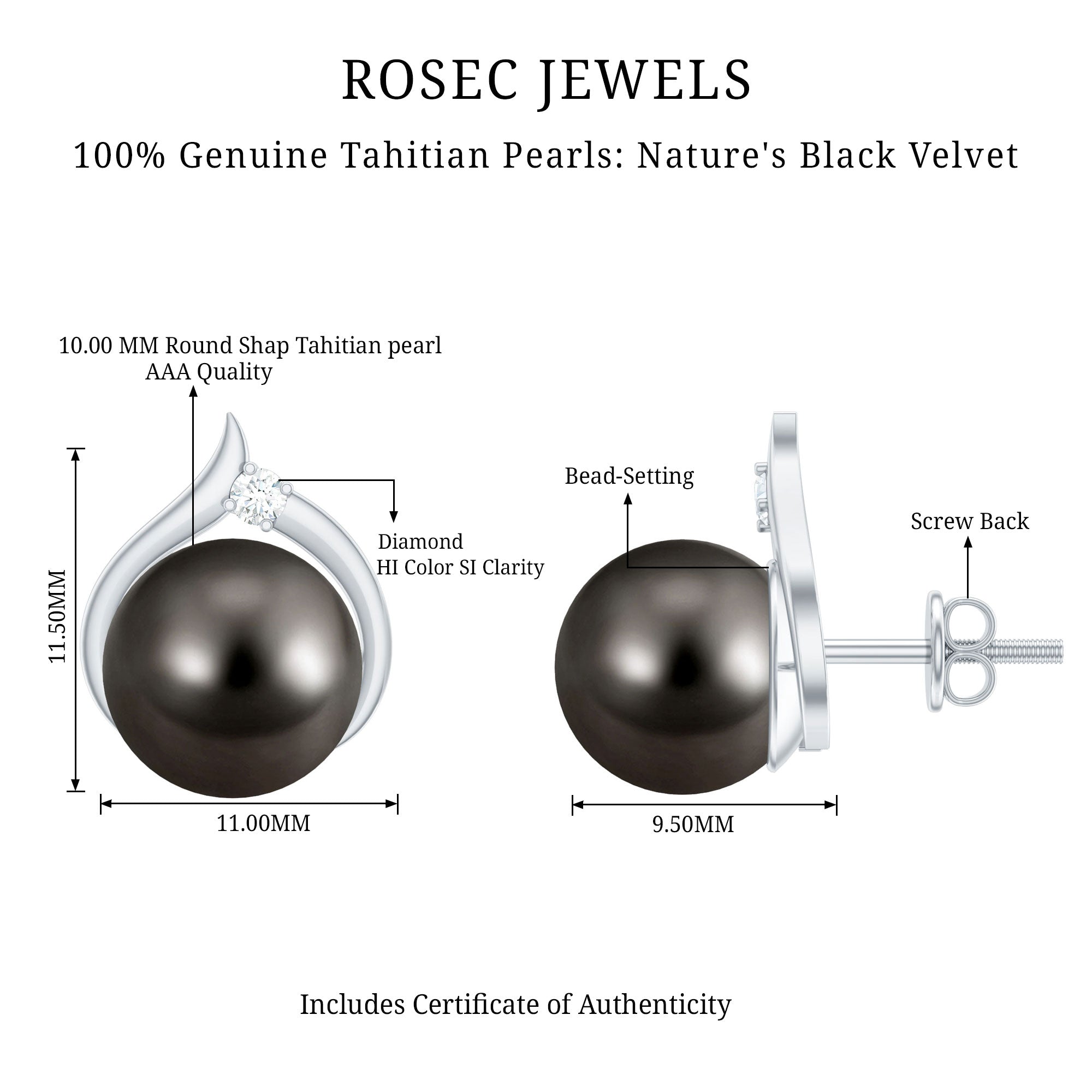 Cultured 15 Carat Tahitian Pearl Bridal Stud Earrings with Diamond AAA - Rosec Jewels