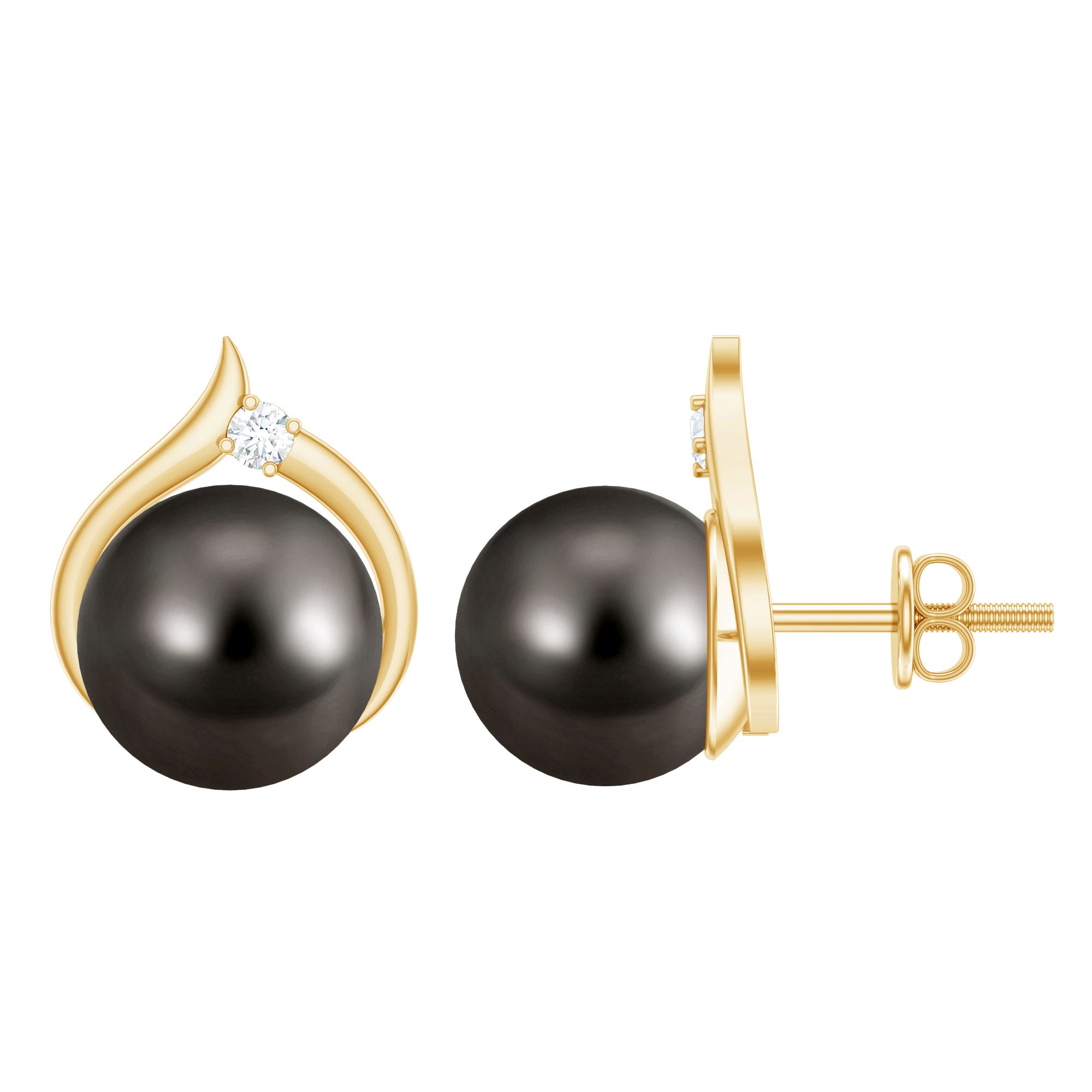 Cultured 15 Carat Tahitian Pearl Bridal Stud Earrings with Diamond AAA - Rosec Jewels