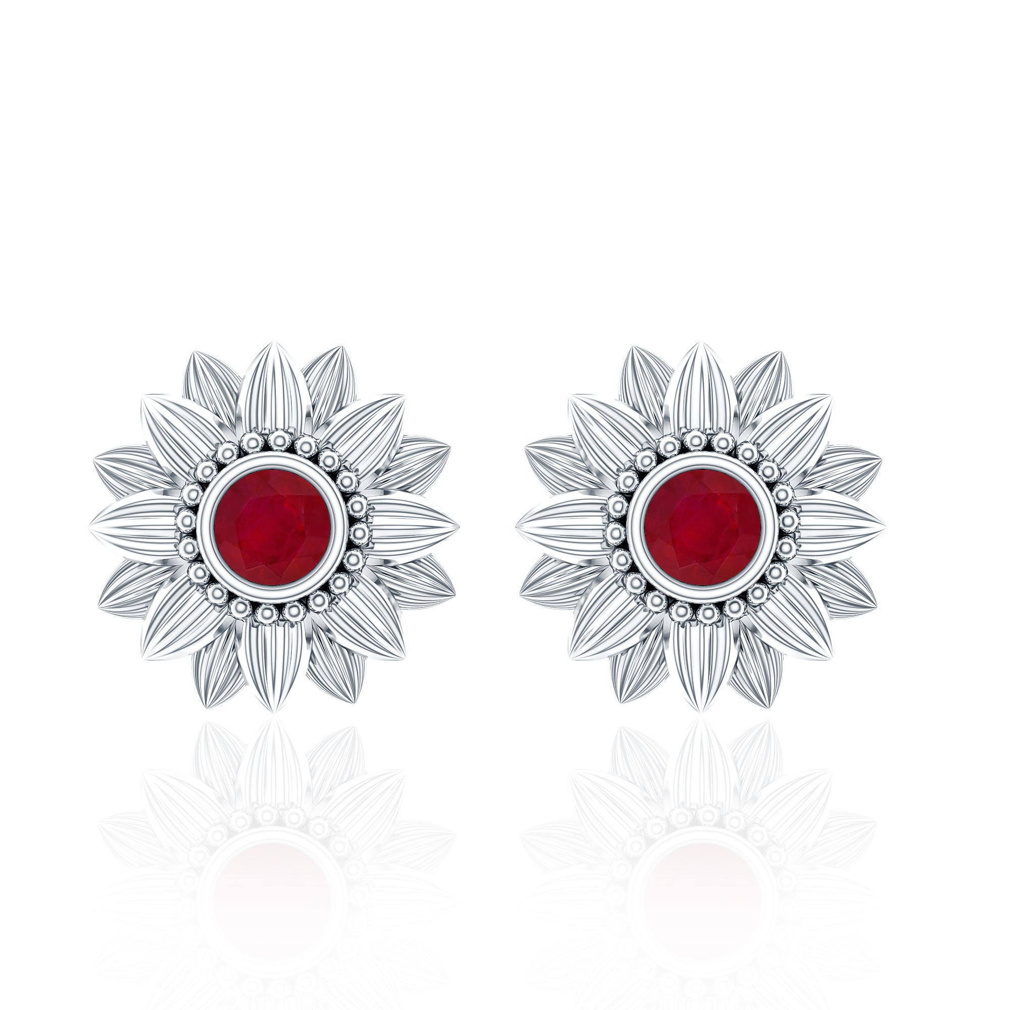 Bezel Set Real Ruby Flower Stud Earrings AAA - Rosec Jewels