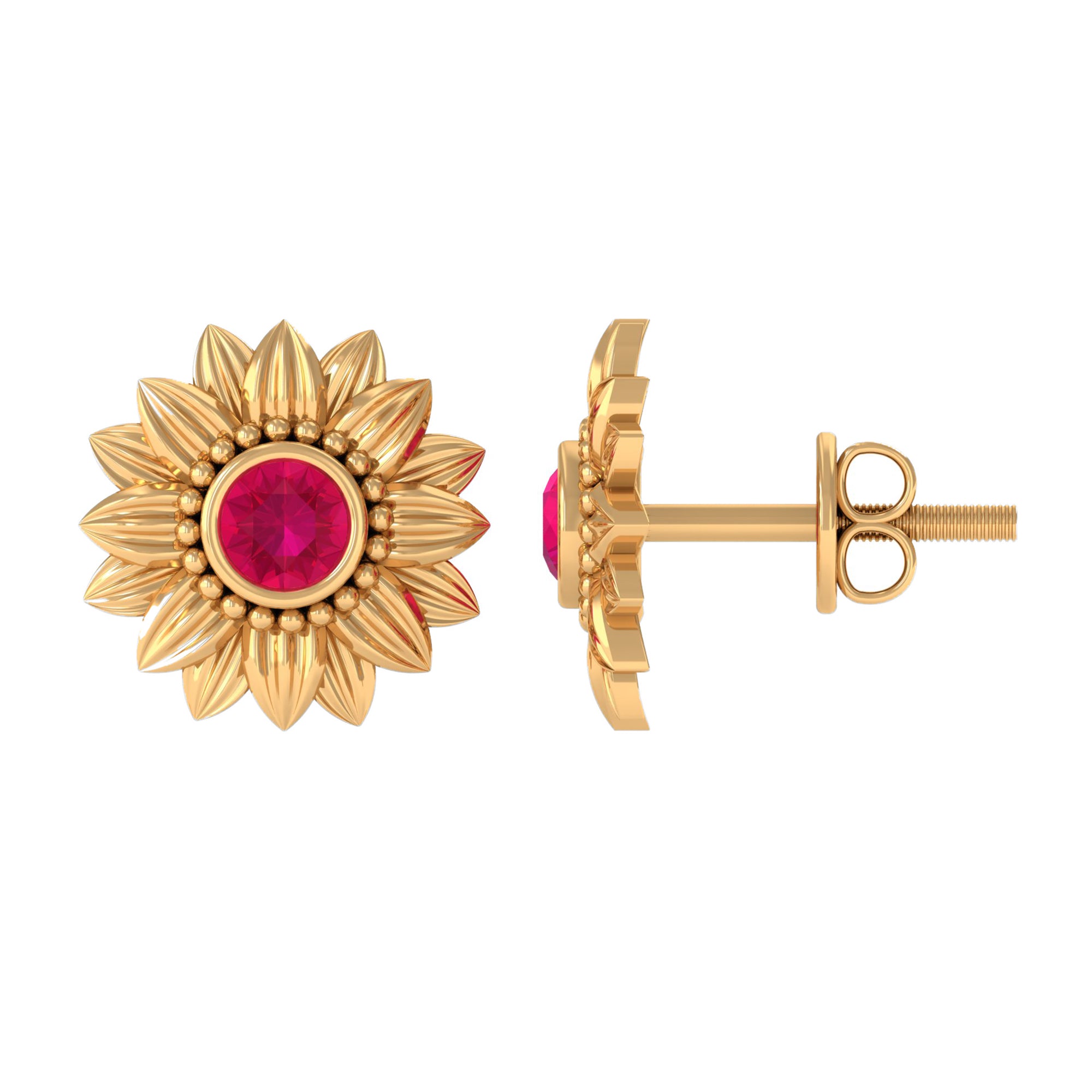 Bezel Set Real Ruby Flower Stud Earrings AAA - Rosec Jewels