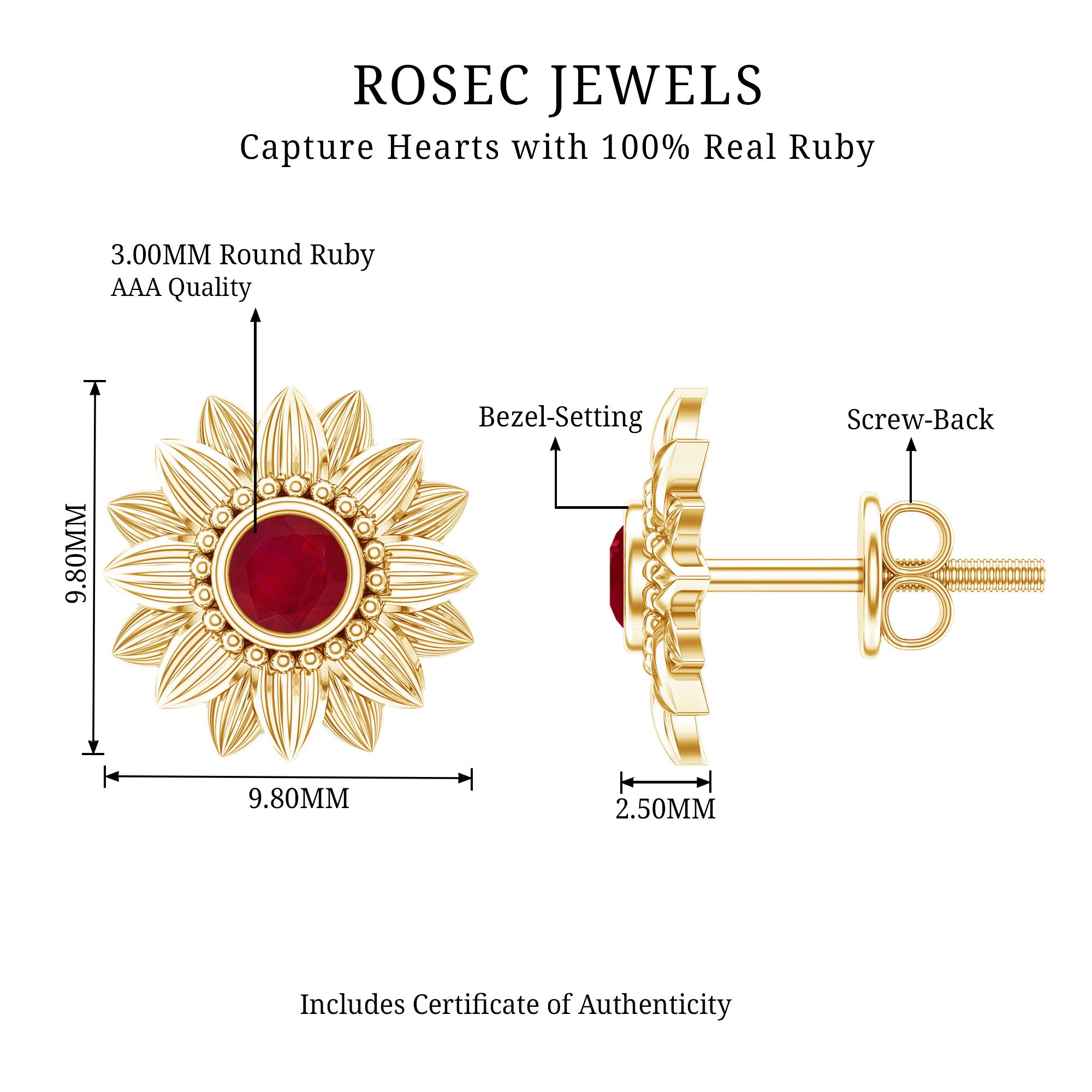 Bezel Set Real Ruby Flower Stud Earrings AAA - Rosec Jewels