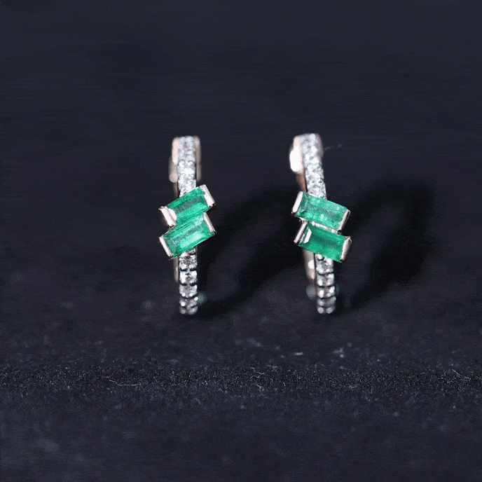 Baguette Emerald and Diamond Hoop Earrings For Women AAA - Rosec Jewels