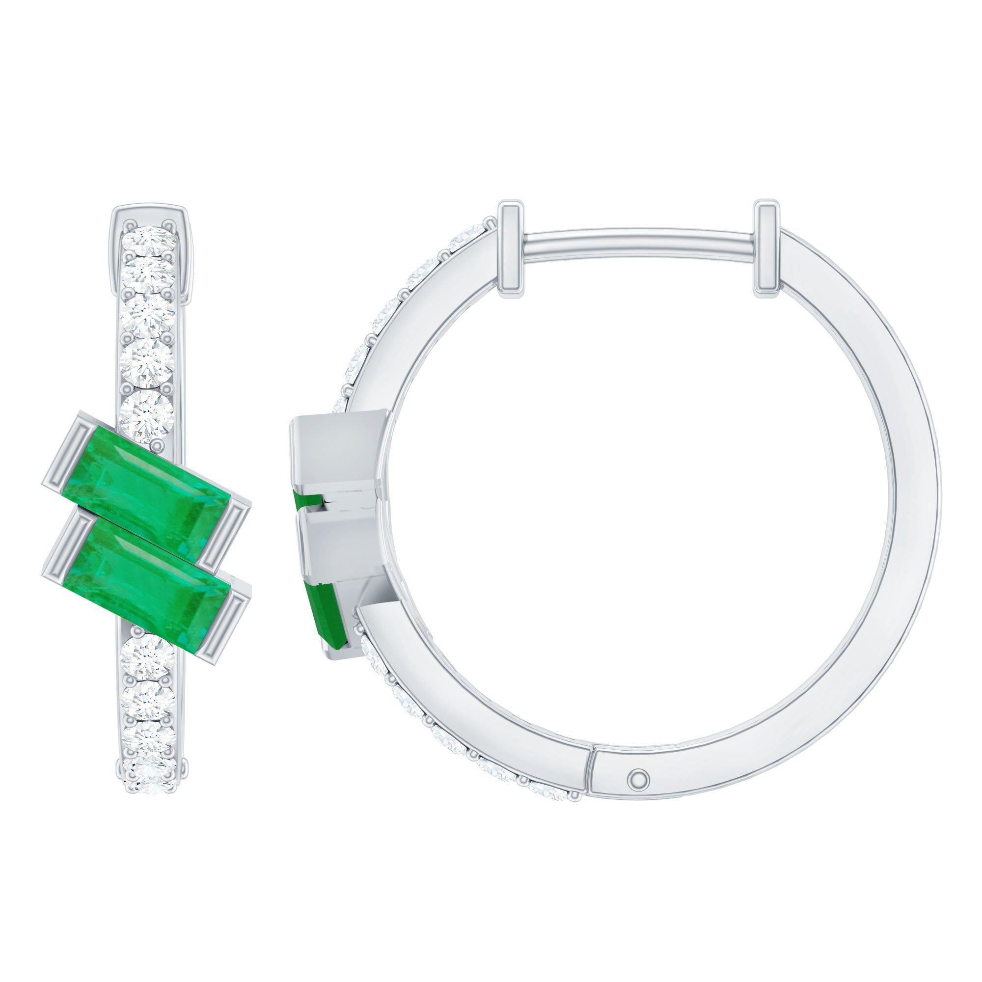 Baguette Emerald and Diamond Hoop Earrings For Women