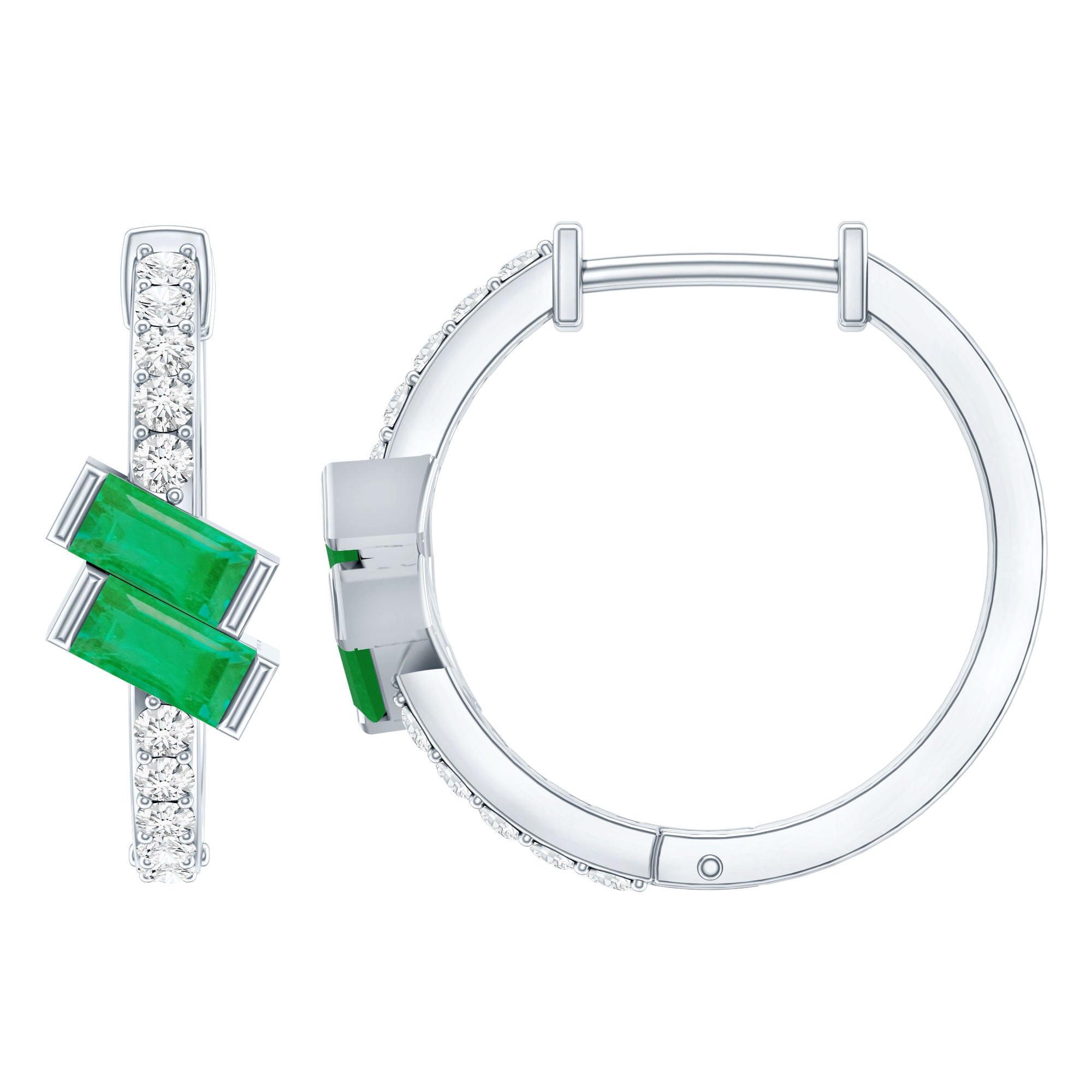 Baguette Emerald and Diamond Hoop Earrings For Women AAA - Rosec Jewels