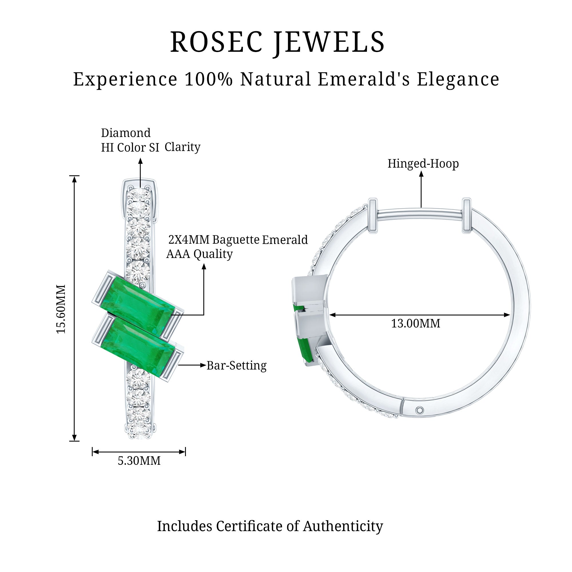 Baguette Emerald and Diamond Hoop Earrings For Women AAA - Rosec Jewels