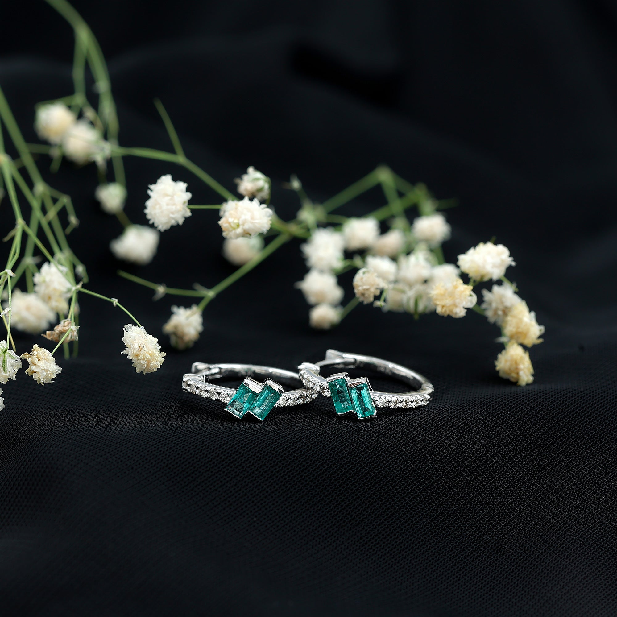 Baguette Emerald and Diamond Hoop Earrings For Women AAA - Rosec Jewels