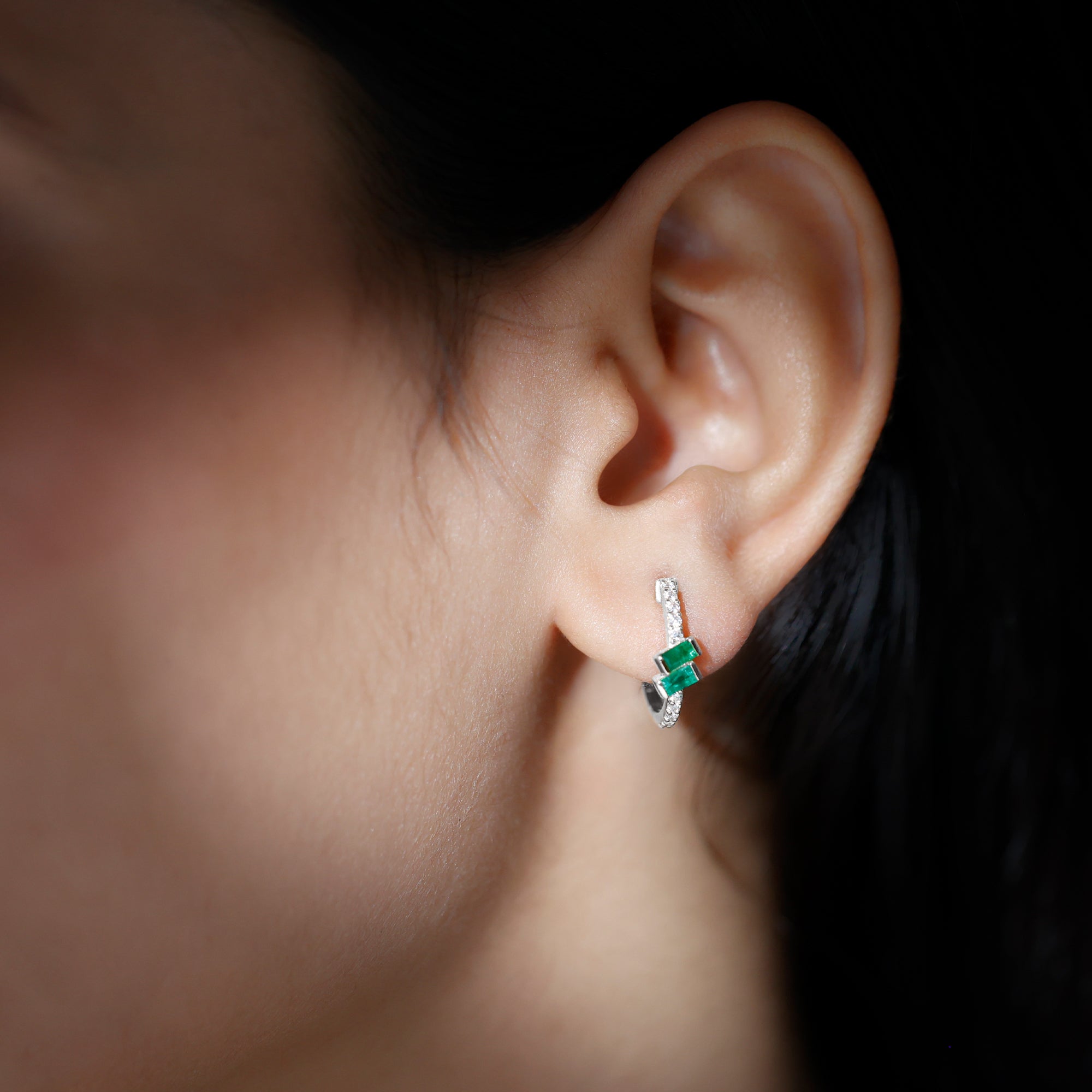 Baguette Emerald and Diamond Hoop Earrings For Women AAA - Rosec Jewels