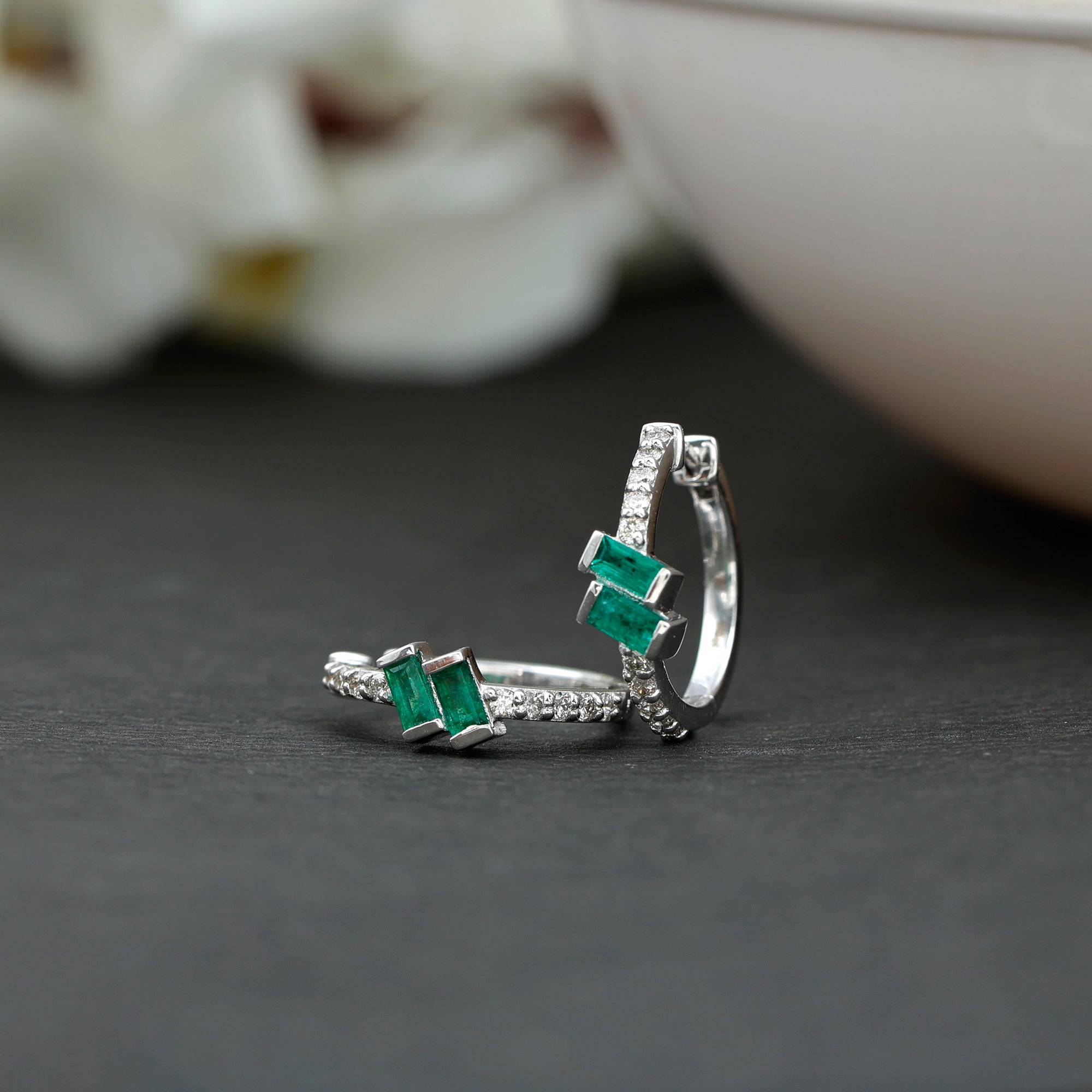 Baguette Emerald and Diamond Hoop Earrings For Women AAA - Rosec Jewels