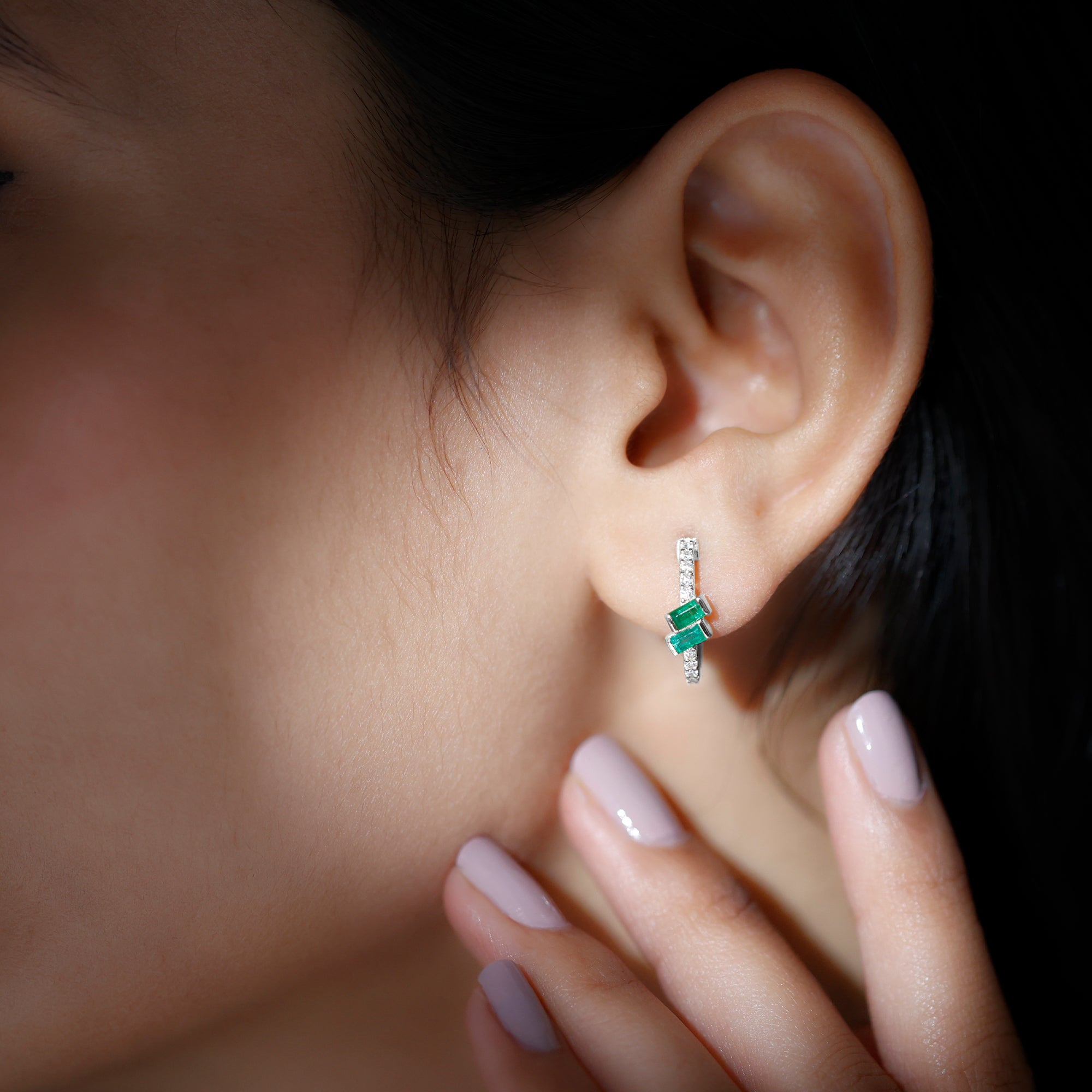 Baguette Emerald and Diamond Hoop Earrings For Women AAA - Rosec Jewels
