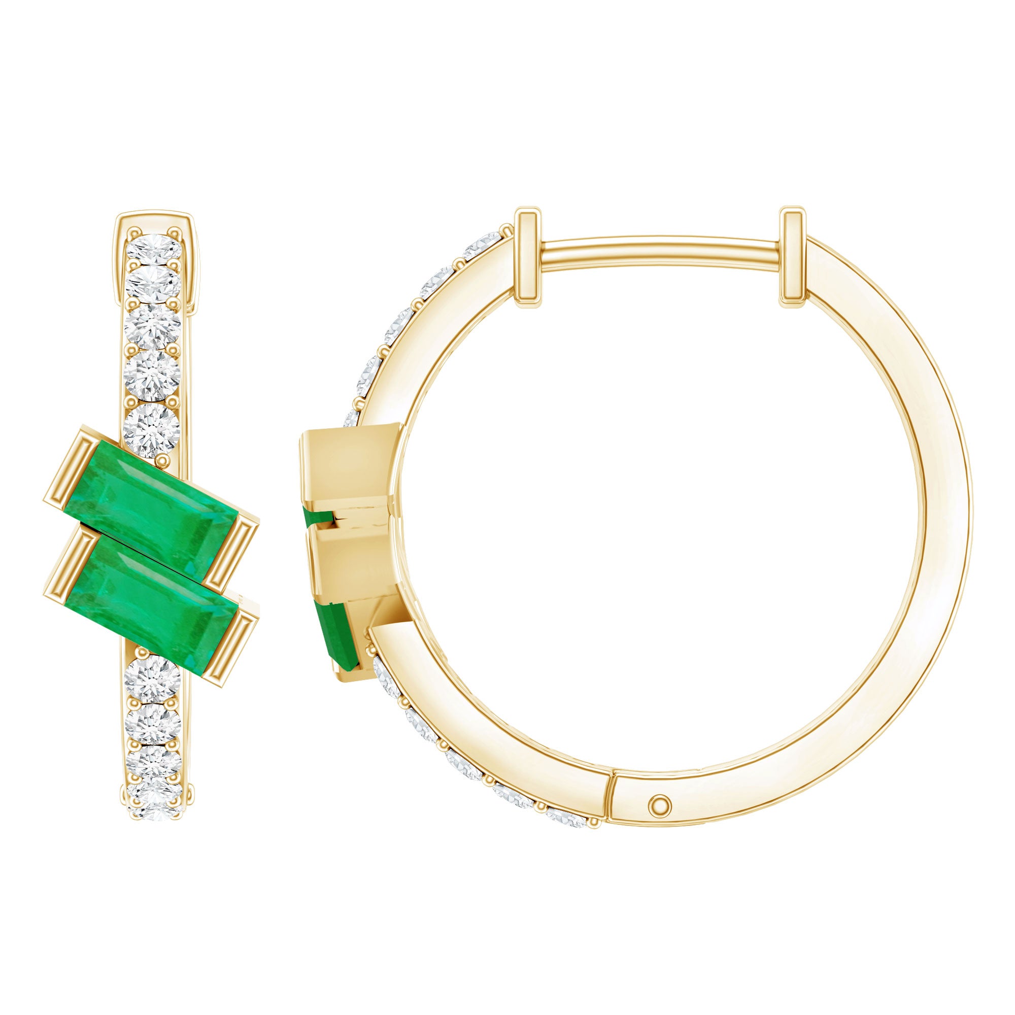 Baguette Emerald and Diamond Hoop Earrings For Women AAA - Rosec Jewels