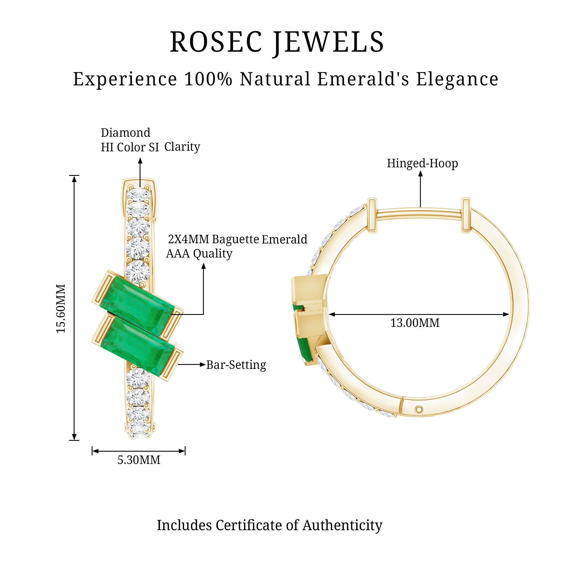 Baguette Emerald and Diamond Hoop Earrings For Women AAA - Rosec Jewels