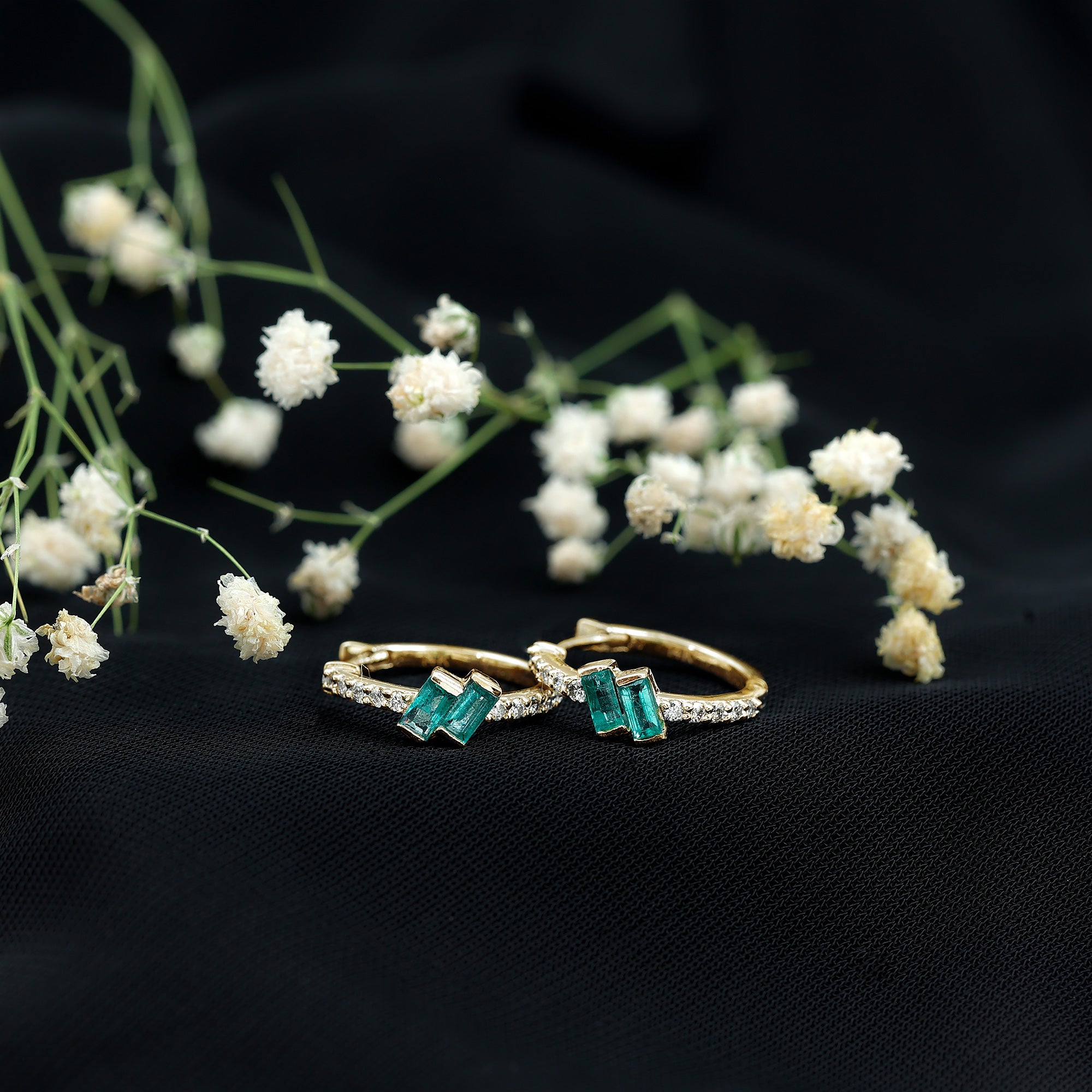 Baguette Emerald and Diamond Hoop Earrings For Women AAA - Rosec Jewels