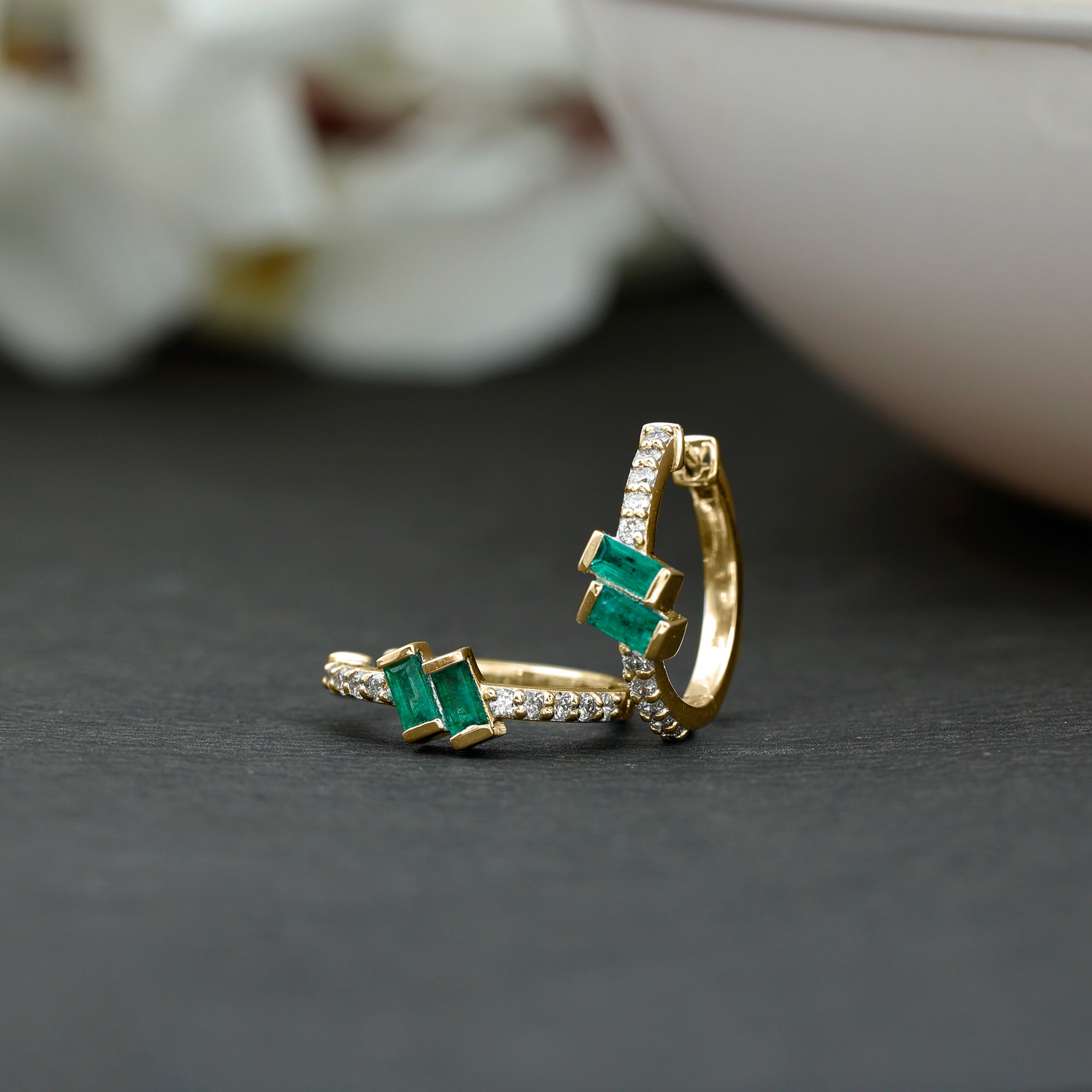 Baguette Emerald and Diamond Hoop Earrings For Women AAA - Rosec Jewels