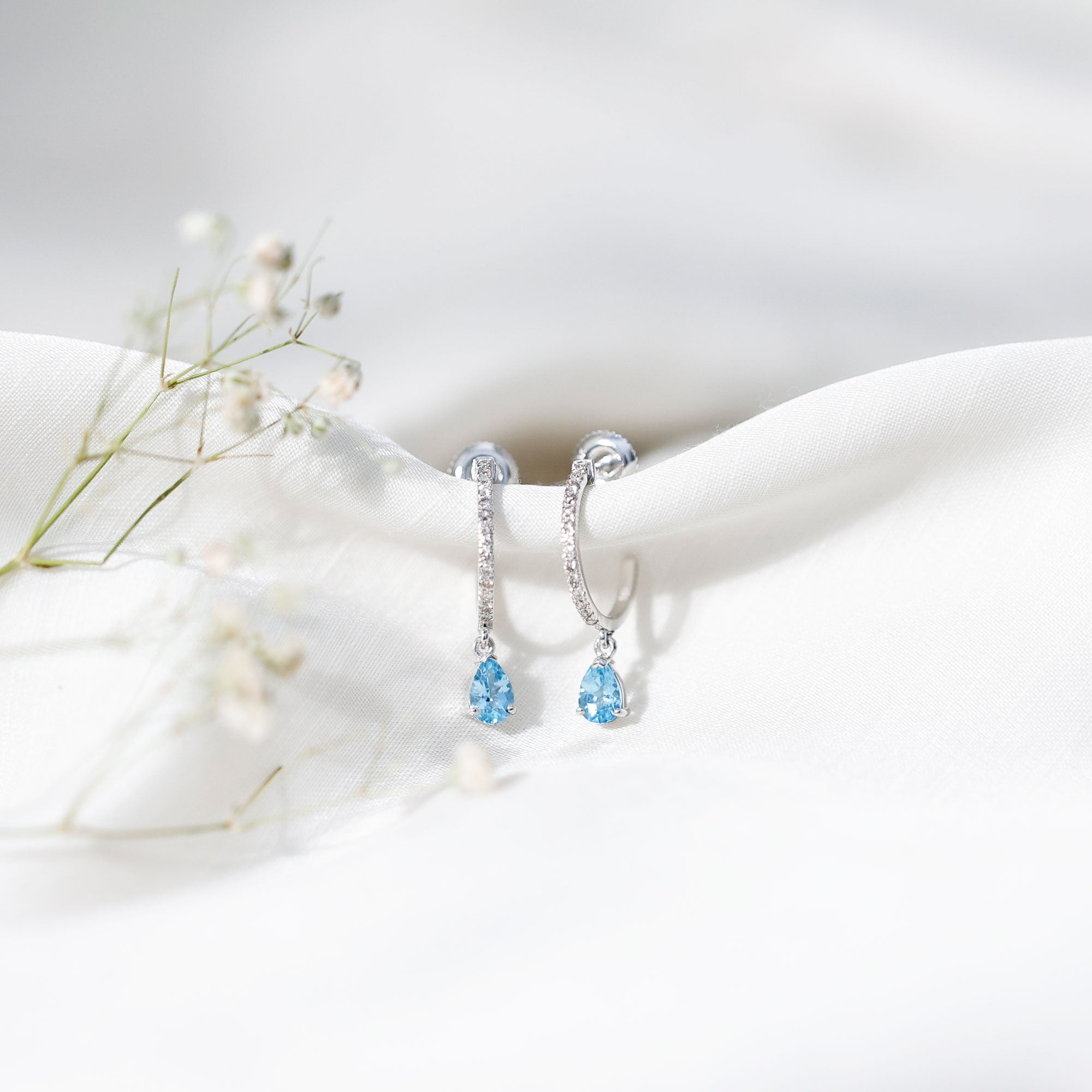 Aquamarine and Diamond Hoop Drop Earrings AAA - Rosec Jewels