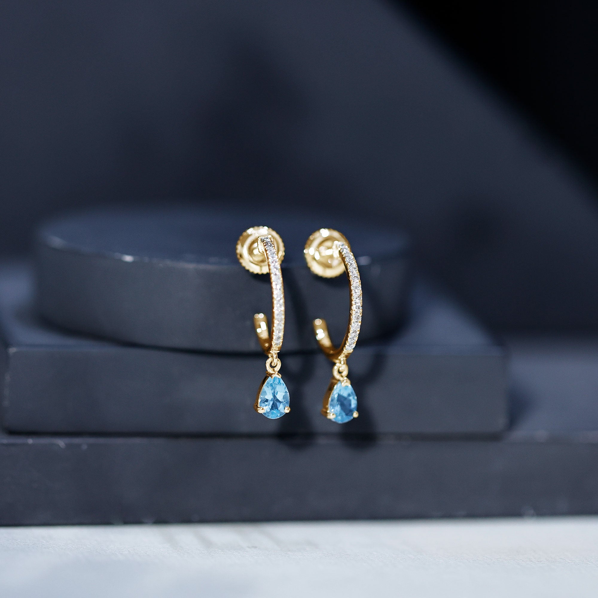 Aquamarine and Diamond Hoop Drop Earrings AAA - Rosec Jewels