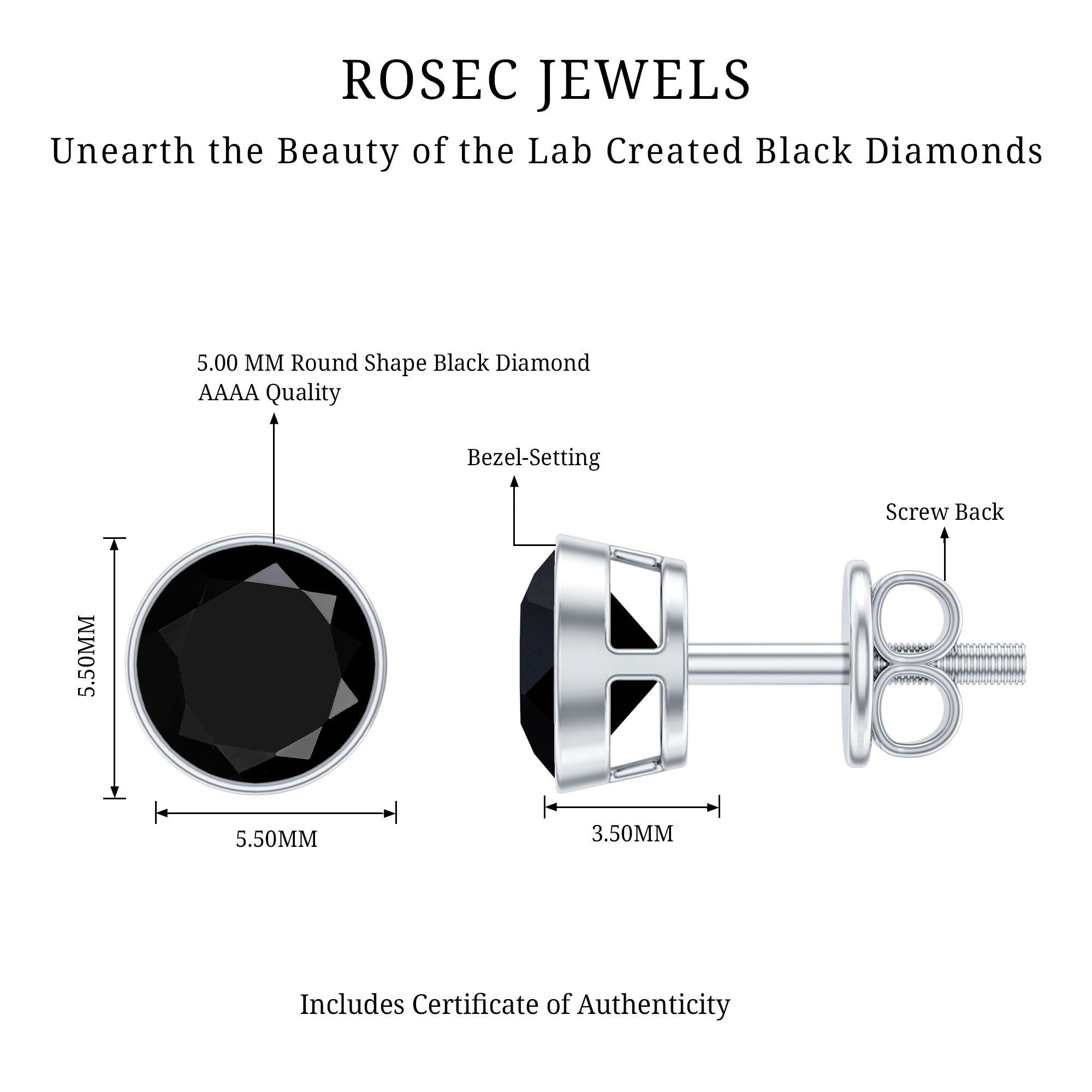 1.6 Carat Created Black Diamond Solitaire Stud Earring in Bezel Setting AAAA ( Synthetic ) - Rosec Jewels