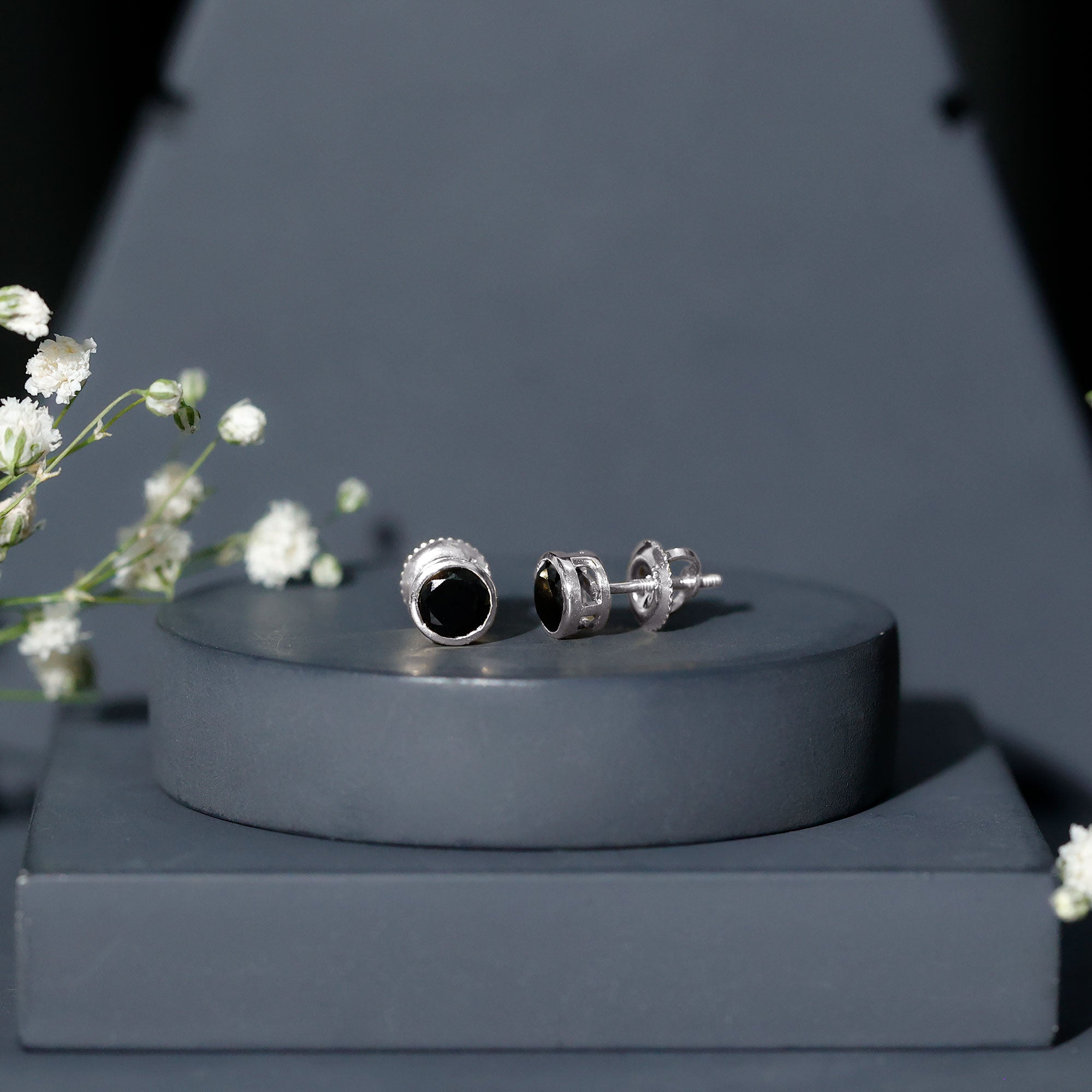 1.6 Carat Created Black Diamond Solitaire Stud Earring in Bezel Setting AAAA ( Synthetic ) - Rosec Jewels