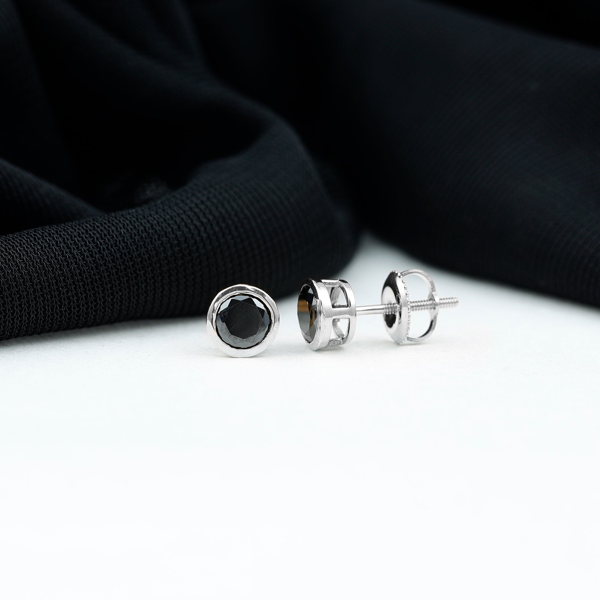 5MM Created Black Diamond Solitaire Stud Earring in Bezel Setting AAAA ( Synthetic ) - Rosec Jewels