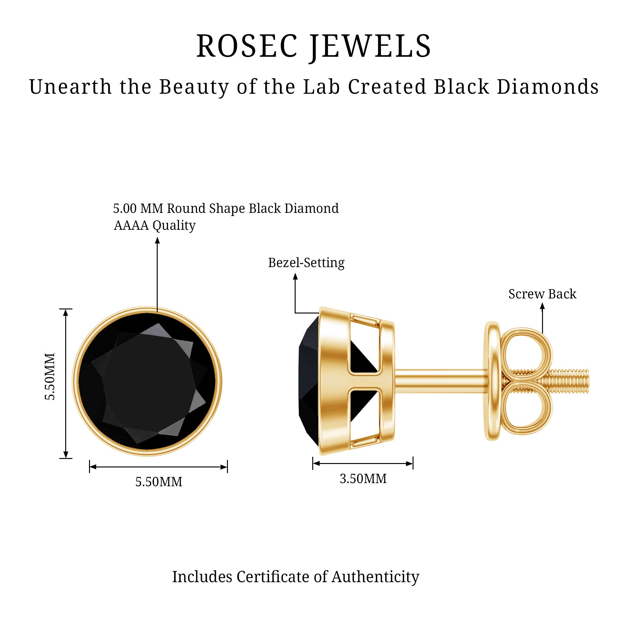 1.6 Carat Created Black Diamond Solitaire Stud Earring in Bezel Setting AAAA ( Synthetic ) - Rosec Jewels