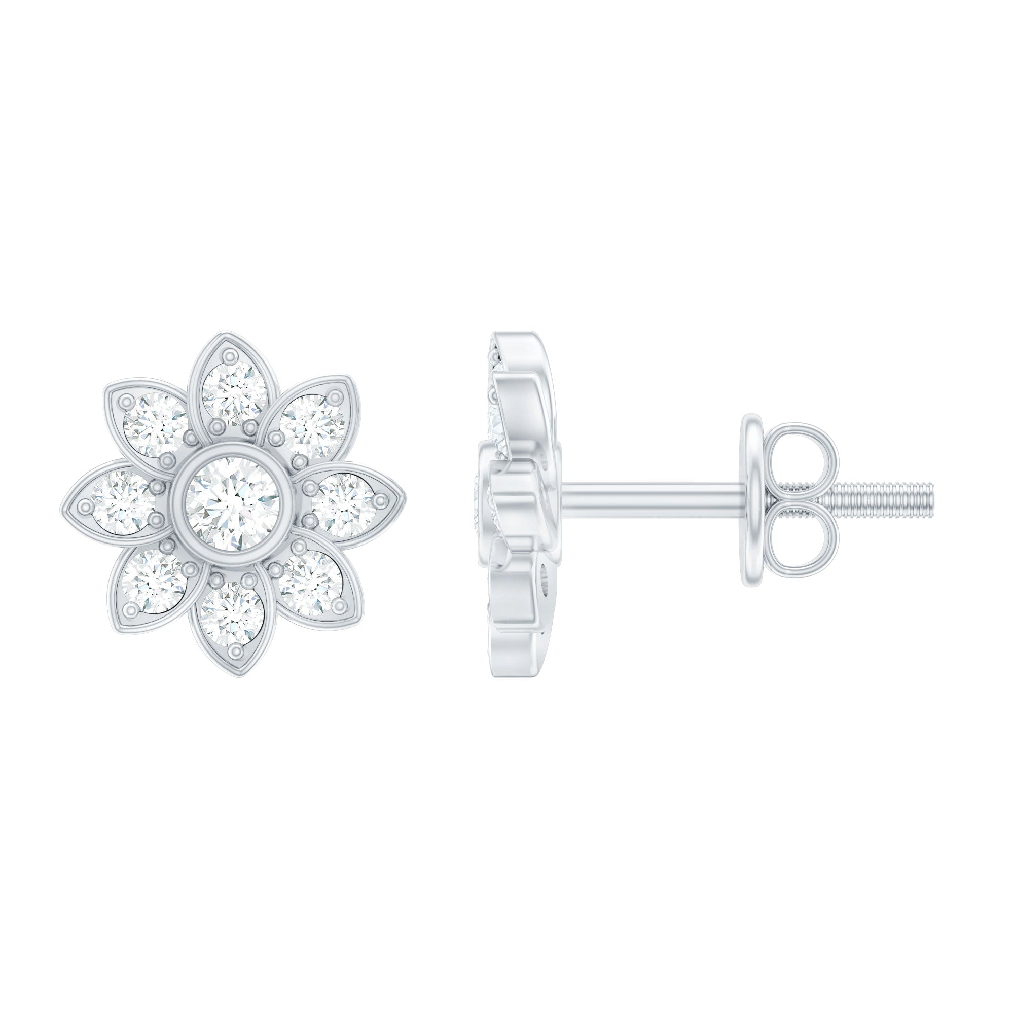 Diamond Flower Stud Earrings With Screw Back Natural - ( HI-SI ) - Rosec Jewels