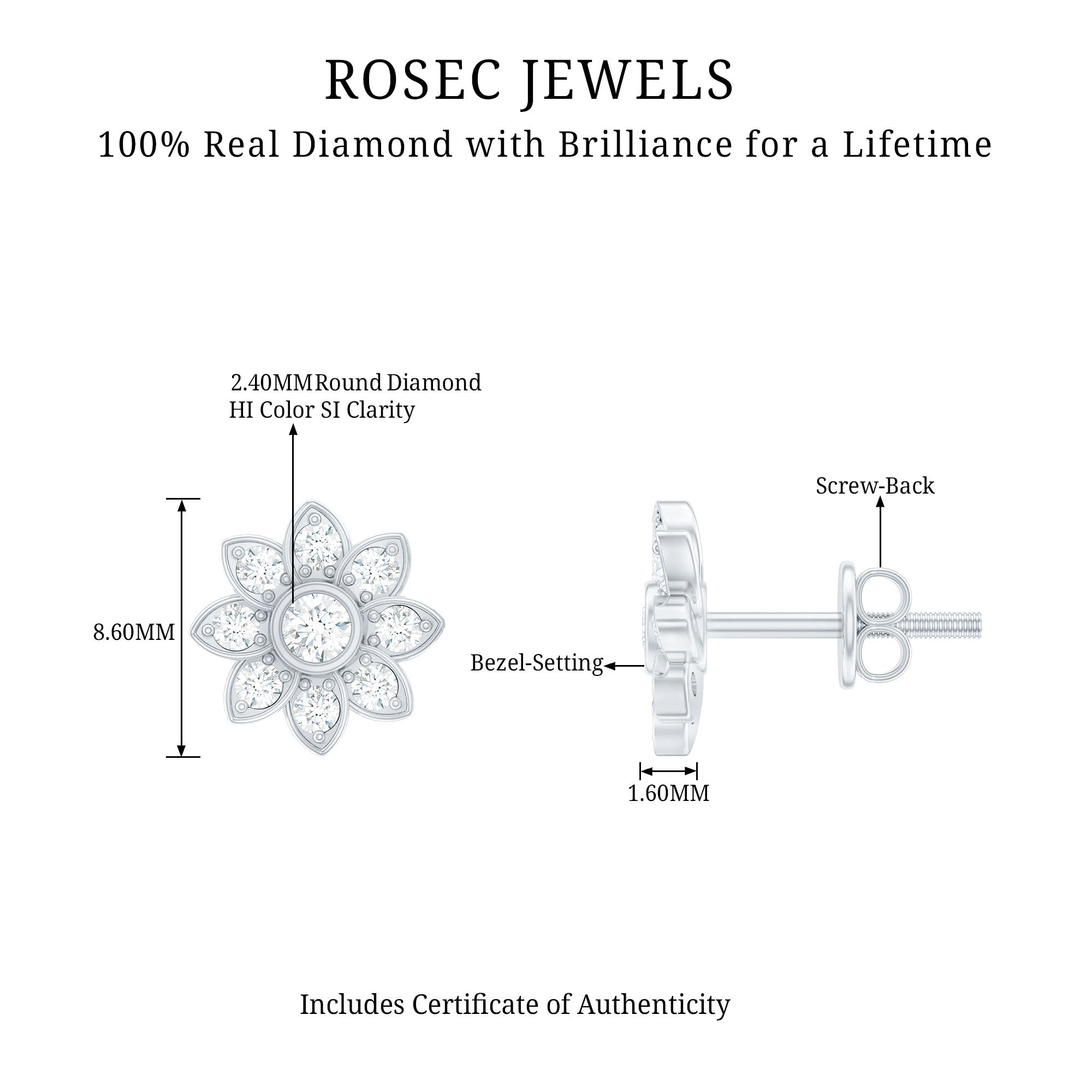 Diamond Flower Stud Earrings With Screw Back Natural - ( HI-SI ) - Rosec Jewels