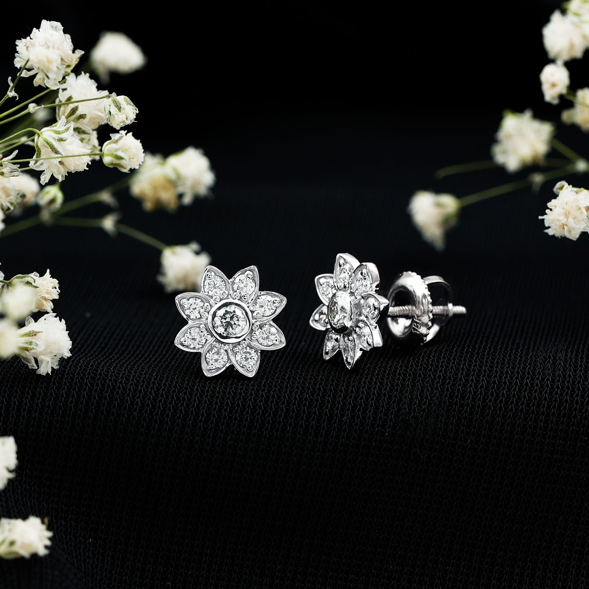 Diamond Flower Stud Earrings With Screw Back Natural - ( HI-SI ) - Rosec Jewels