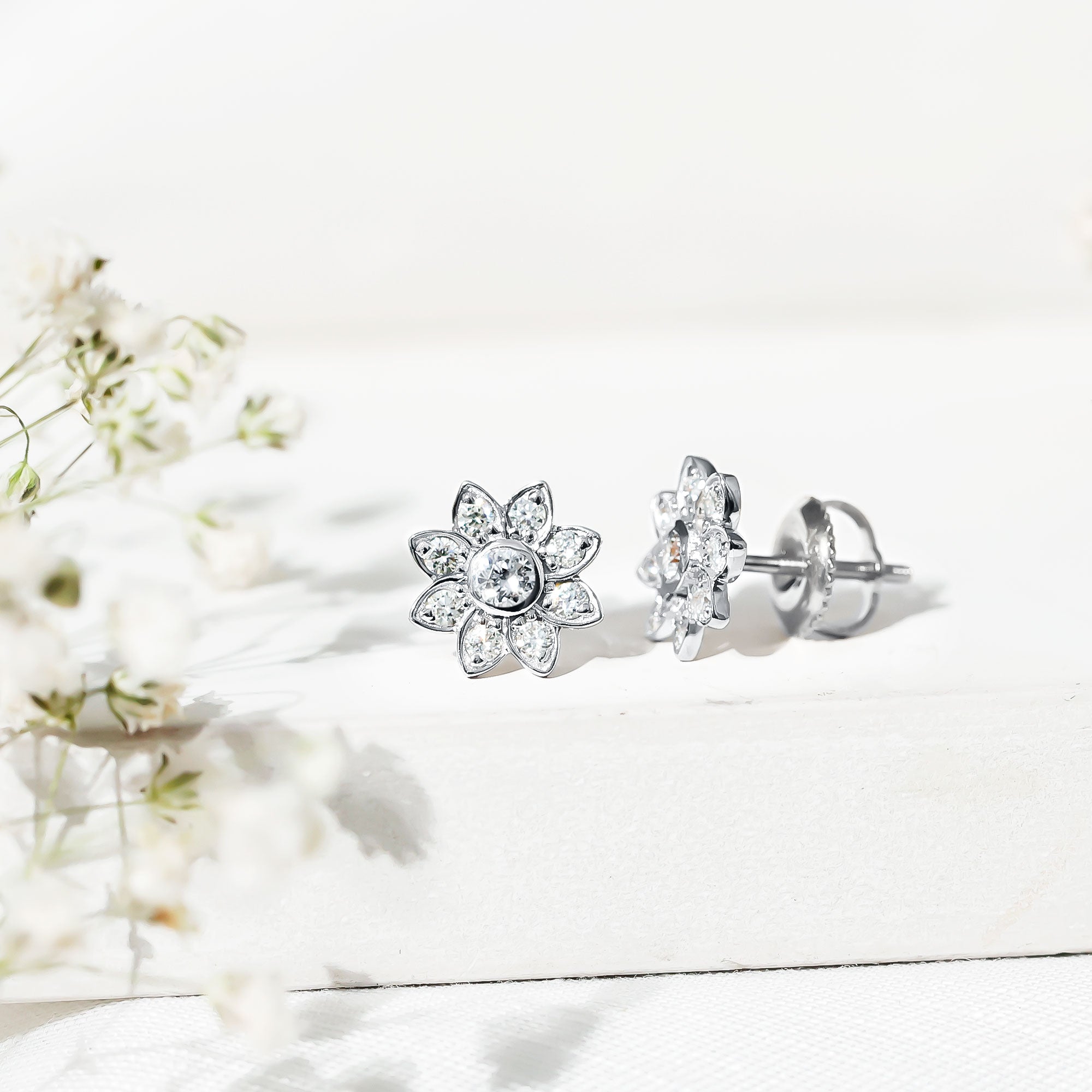 Diamond Flower Stud Earrings With Screw Back Natural - ( HI-SI ) - Rosec Jewels