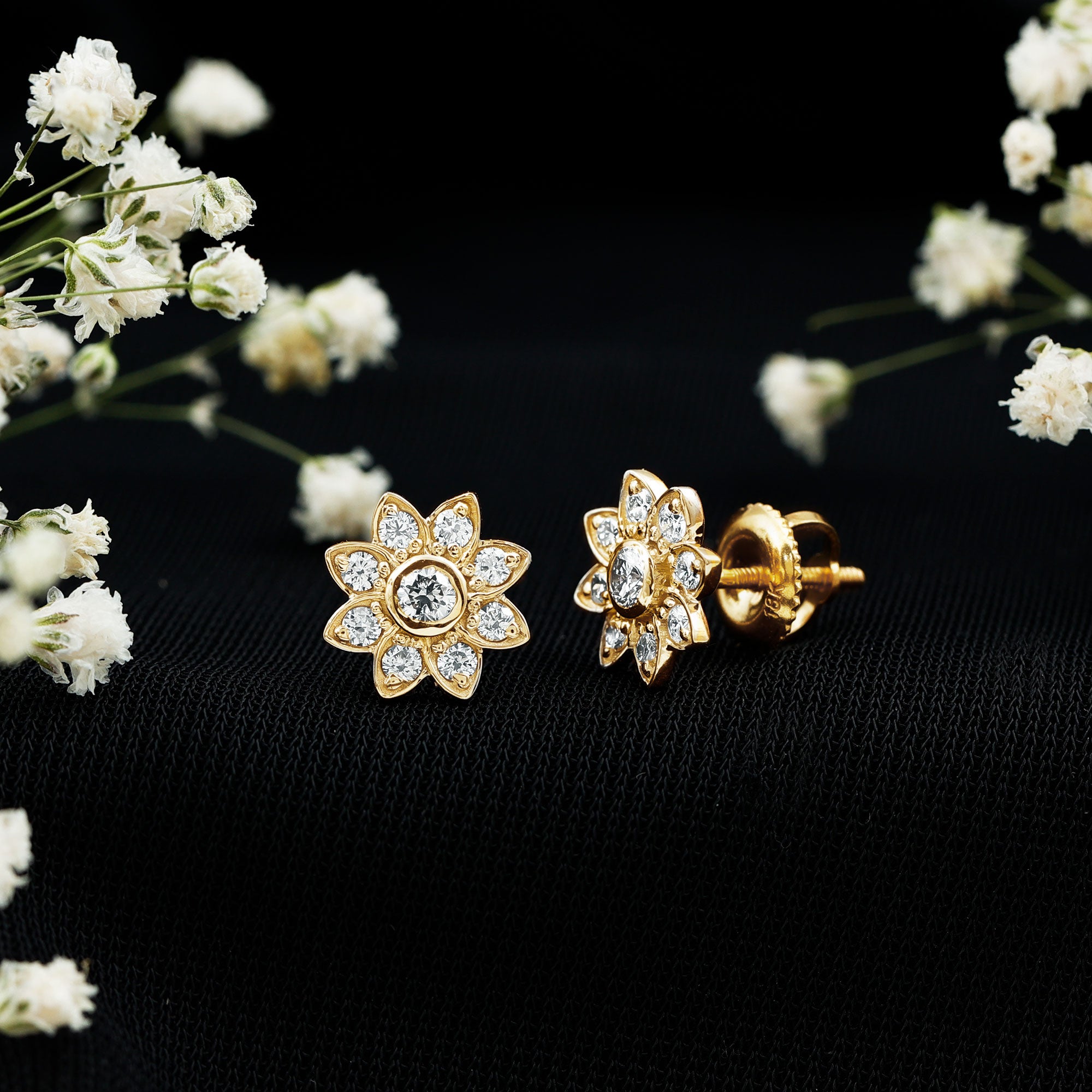 Diamond Flower Stud Earrings With Screw Back Natural - ( HI-SI ) - Rosec Jewels