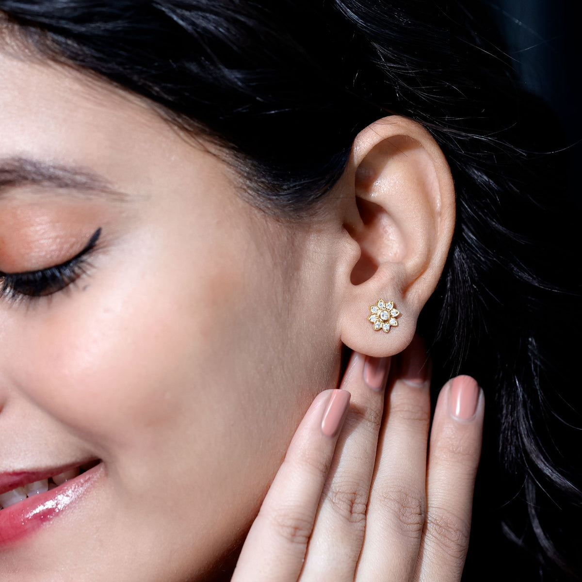 Diamond Flower Stud Earrings With Screw Back Natural - ( HI-SI ) - Rosec Jewels