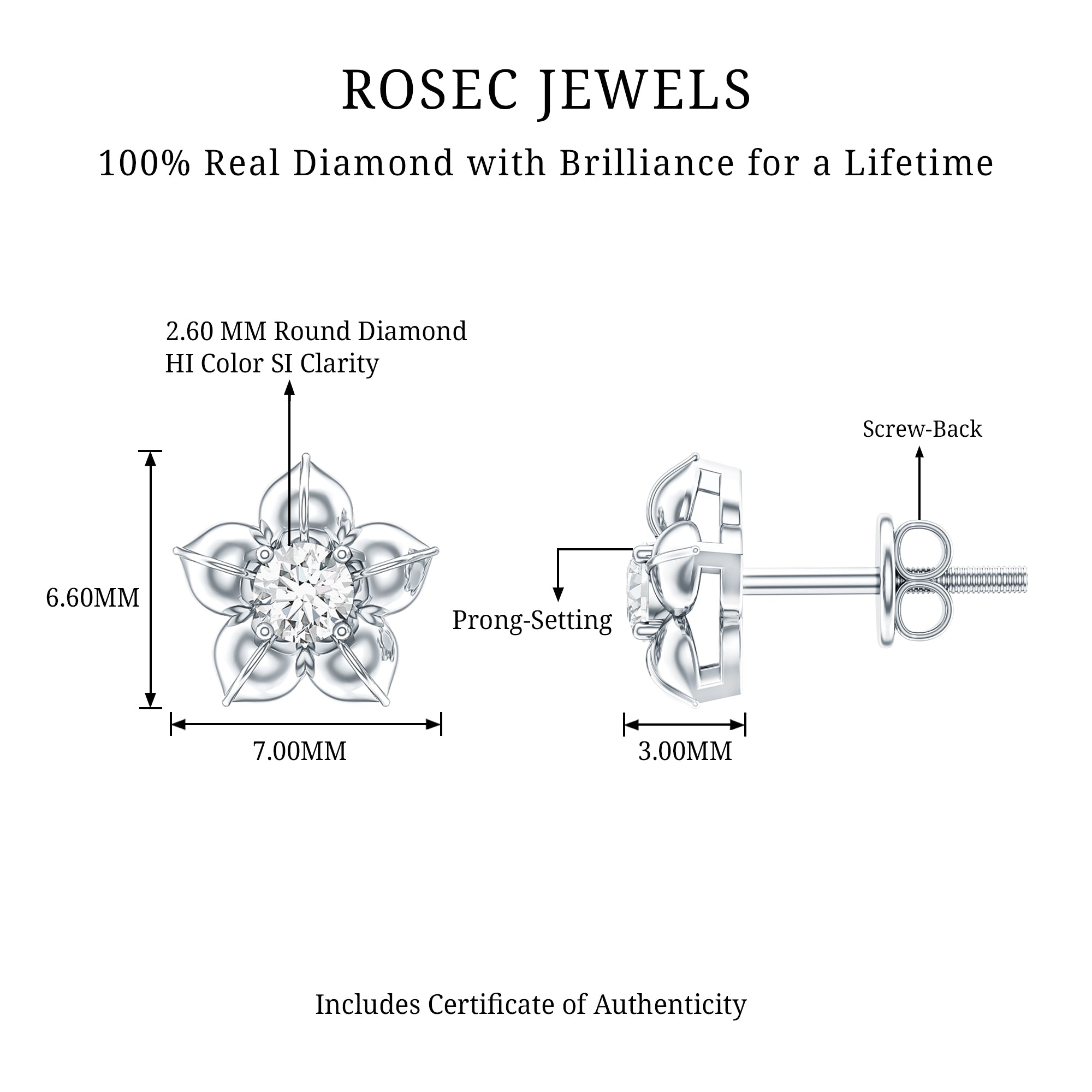 Diamond Flower Petal Stud Earrings in Prong Setting Natural - ( HI-SI ) - Rosec Jewels