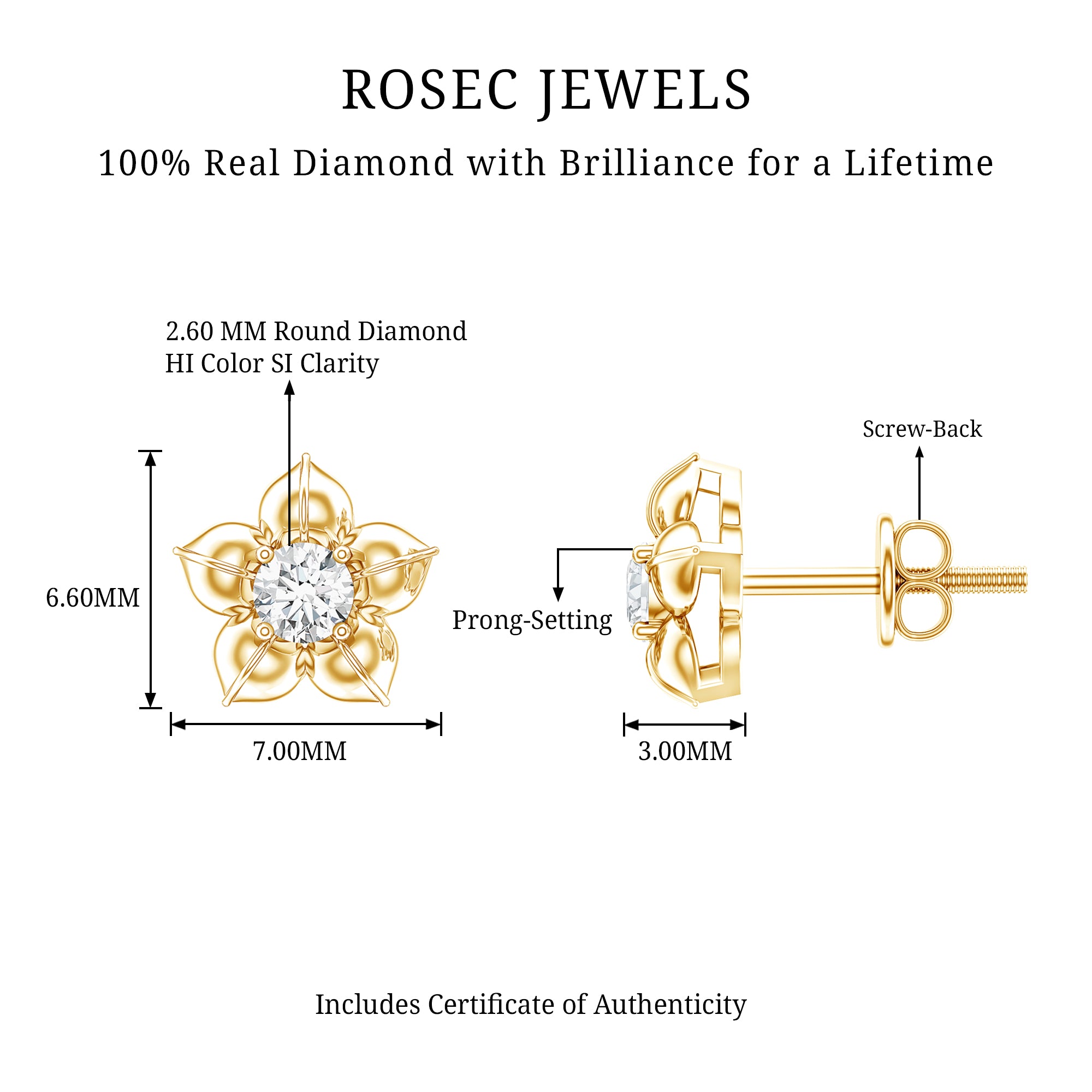 Diamond Flower Petal Stud Earrings in Prong Setting Natural - ( HI-SI ) - Rosec Jewels