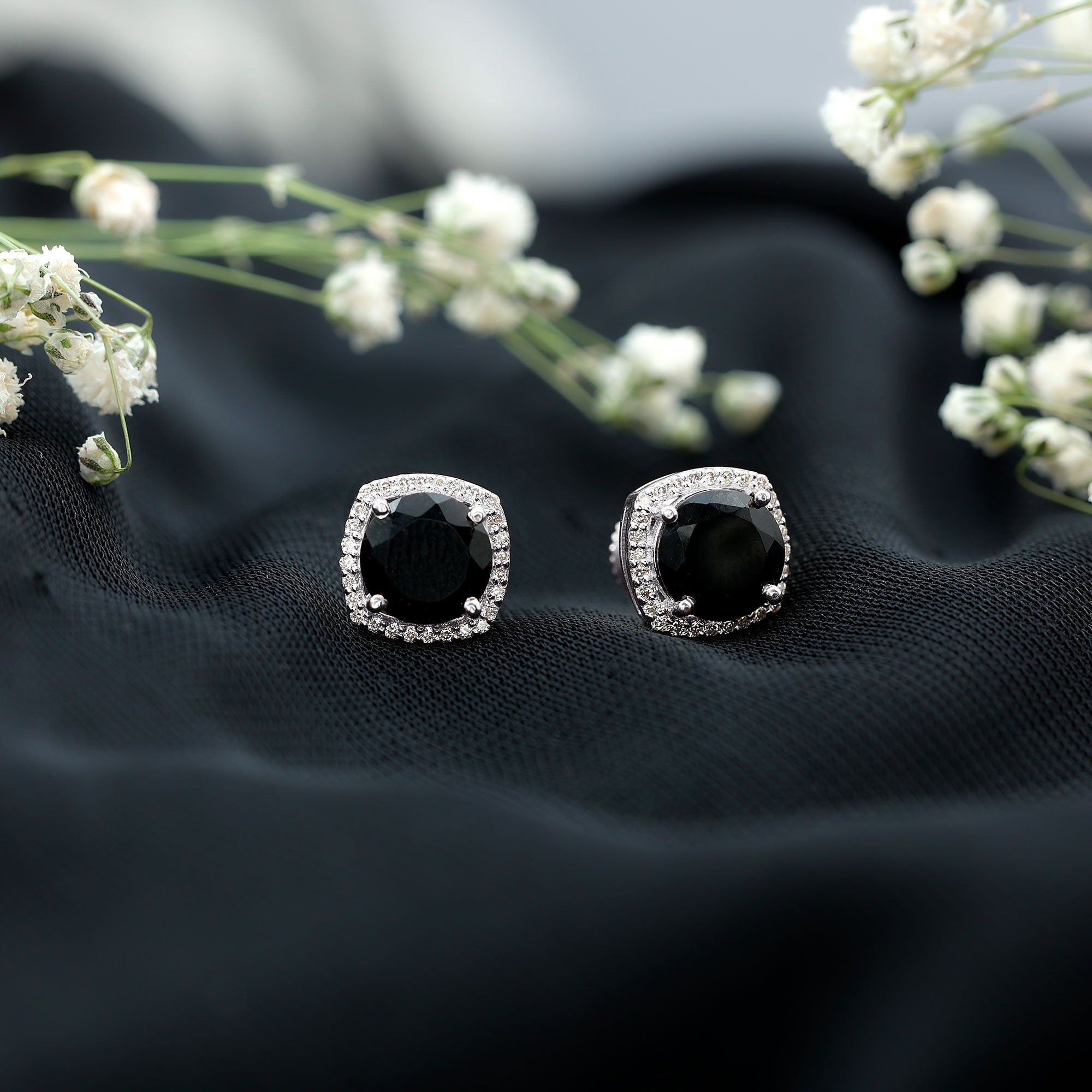 Vintage Black Onyx Stud Earrings with Diamond Halo AAA - Rosec Jewels