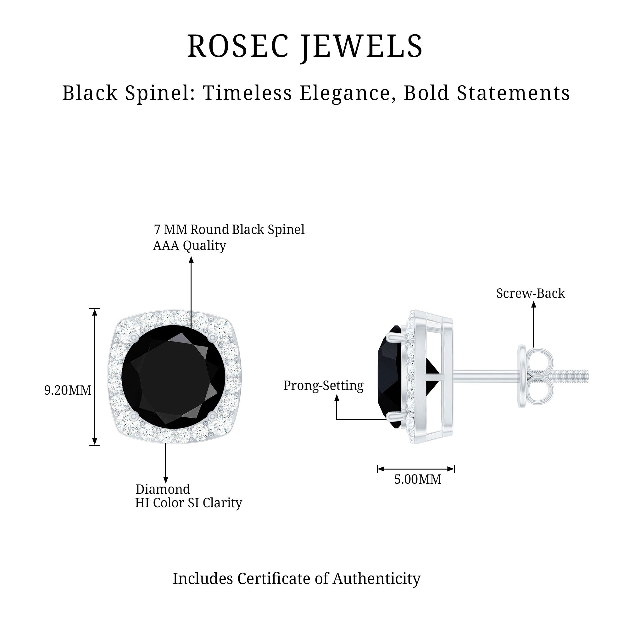3 Carat Black Spinel Stud Earrings with Diamond Halo AAA - Rosec Jewels