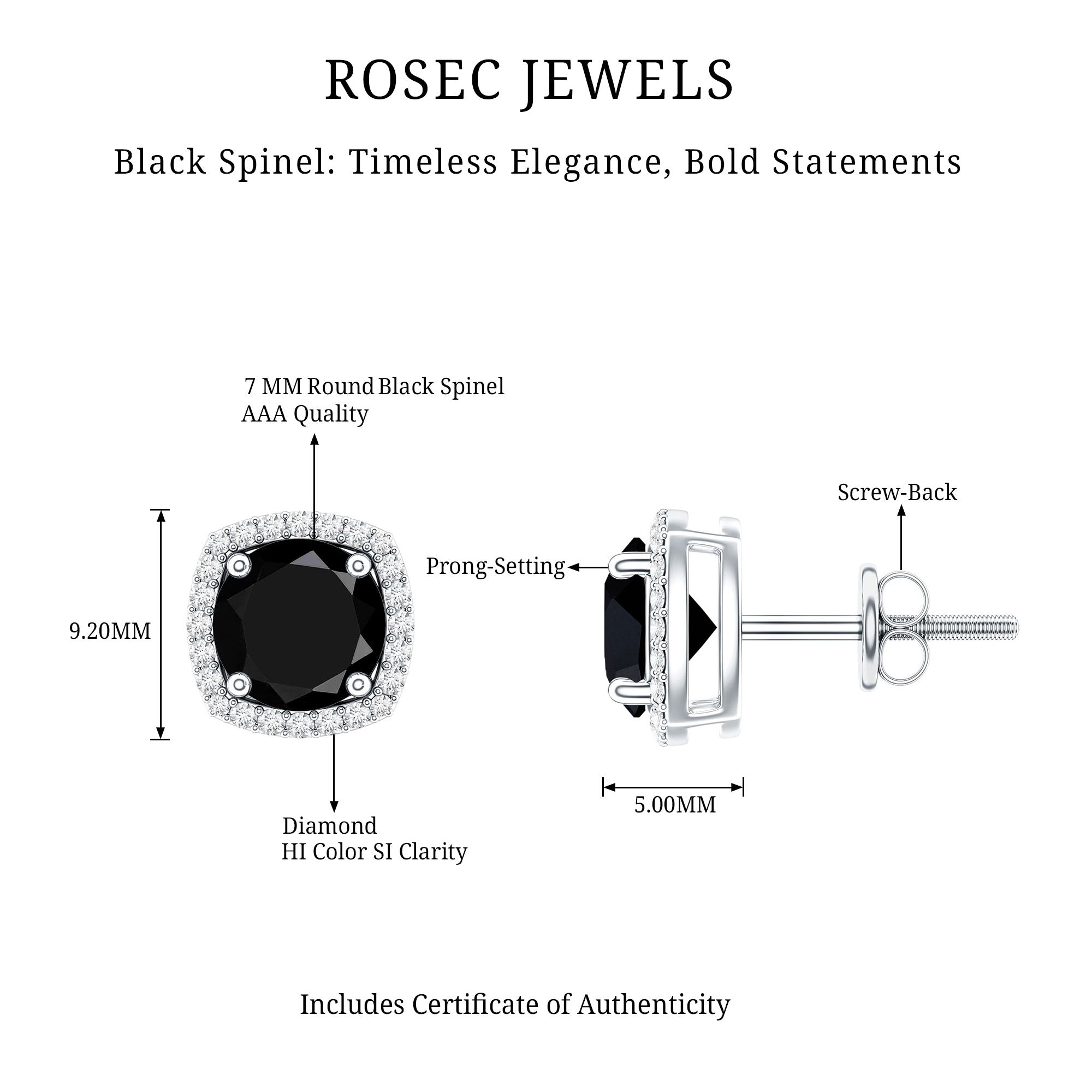 3 Carat Black Spinel Stud Earrings with Diamond Halo AAA - Rosec Jewels