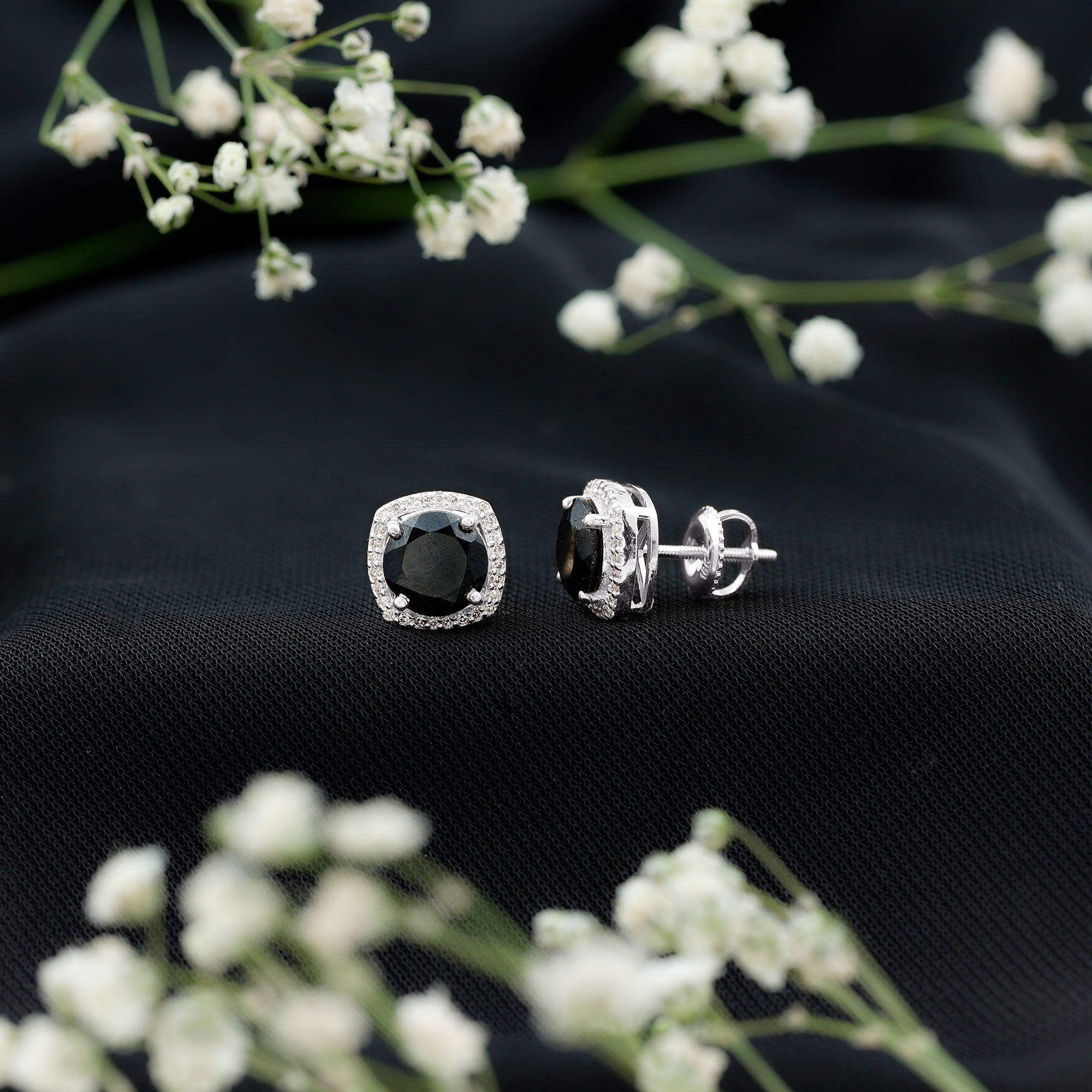 3 Carat Black Spinel Stud Earrings with Diamond Halo AAA - Rosec Jewels