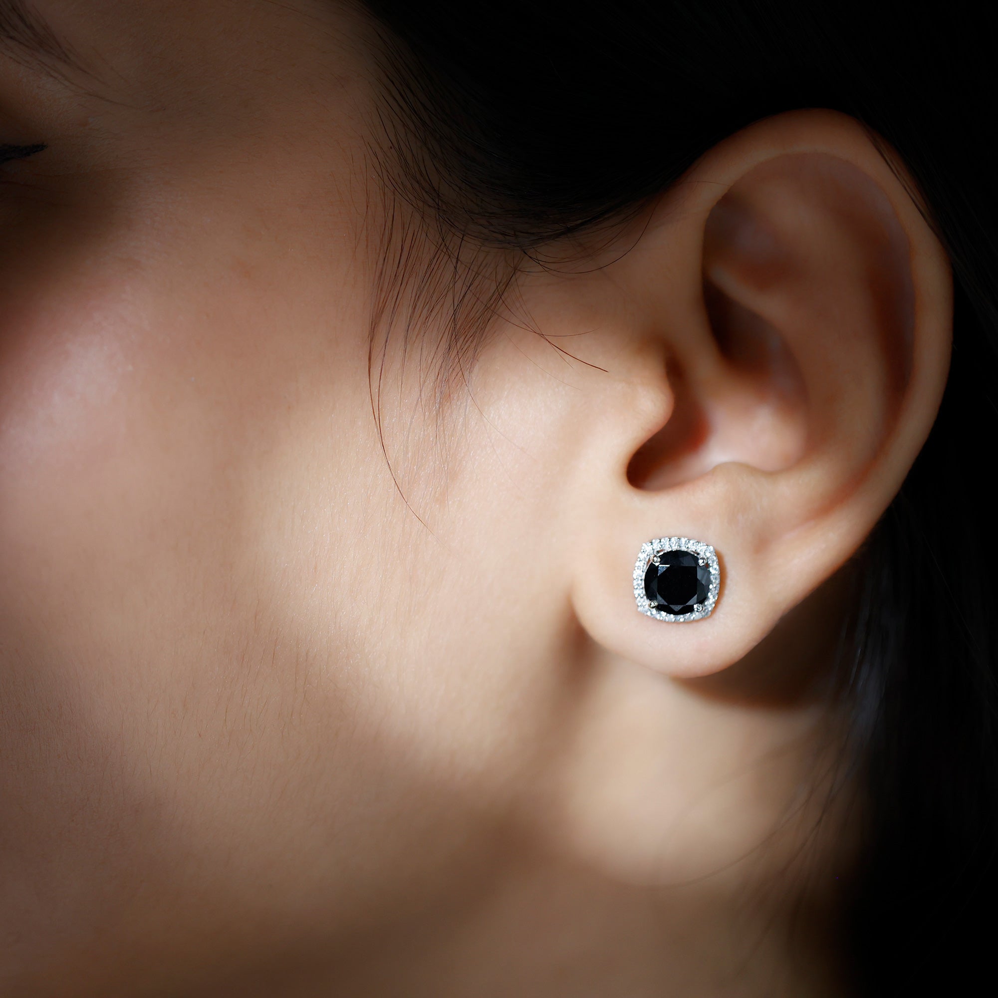 3 Carat Black Spinel Stud Earrings with Diamond Halo AAA - Rosec Jewels