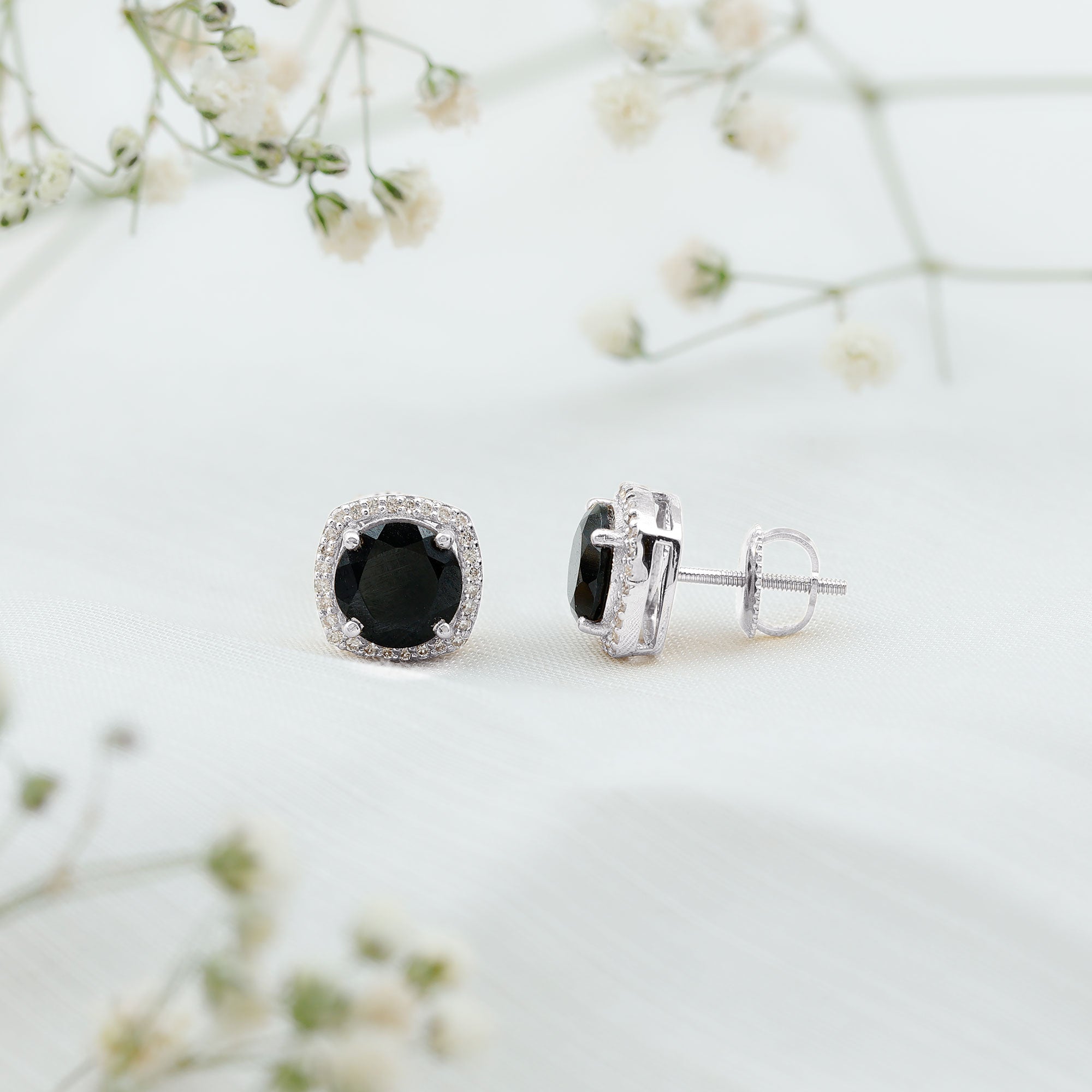 3 Carat Black Spinel Stud Earrings with Diamond Halo AAA - Rosec Jewels