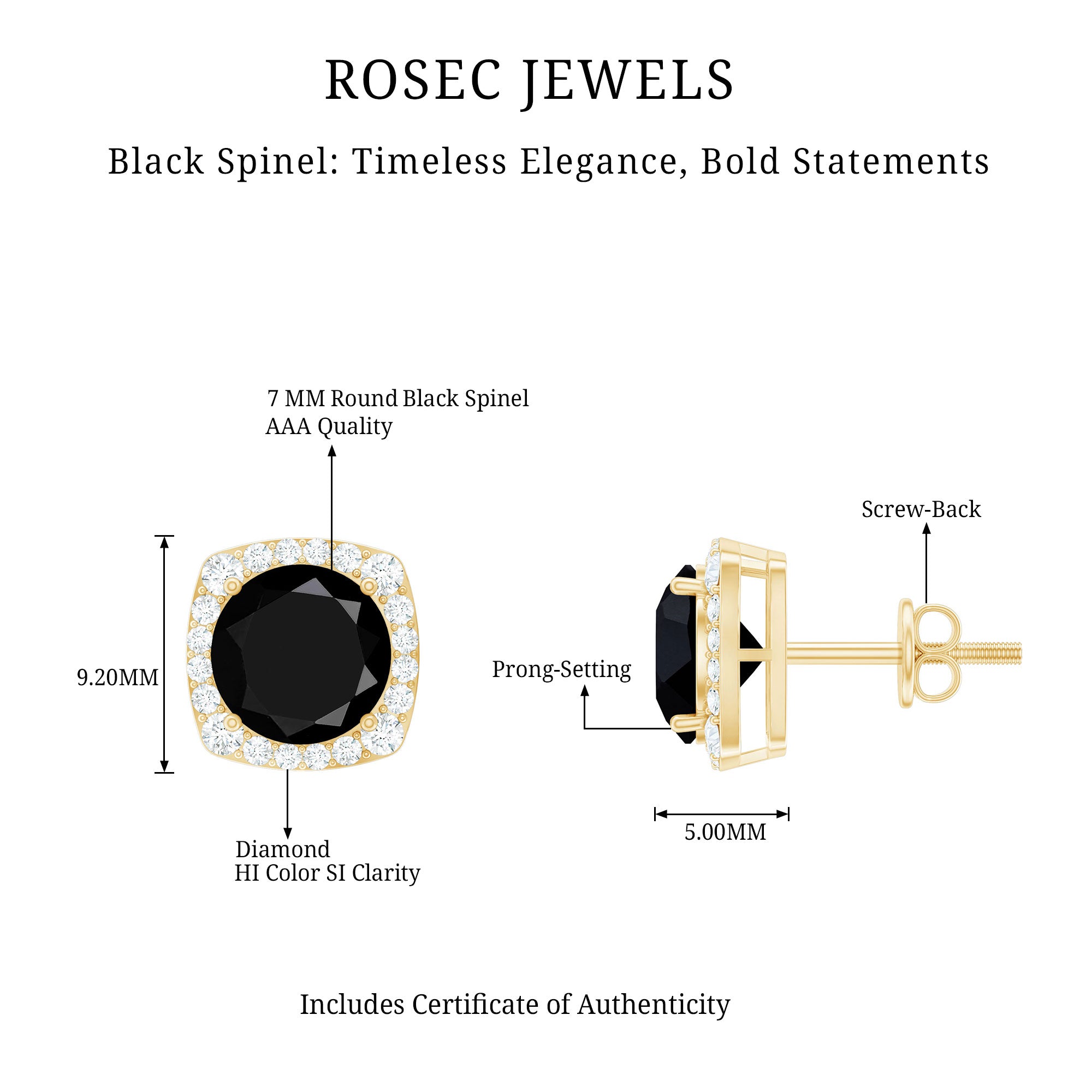 3 Carat Black Spinel Stud Earrings with Diamond Halo AAA - Rosec Jewels