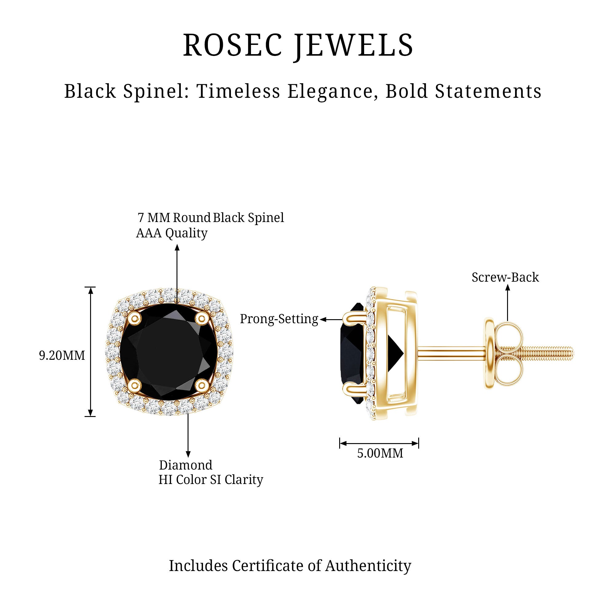 3 Carat Black Spinel Stud Earrings with Diamond Halo AAA - Rosec Jewels