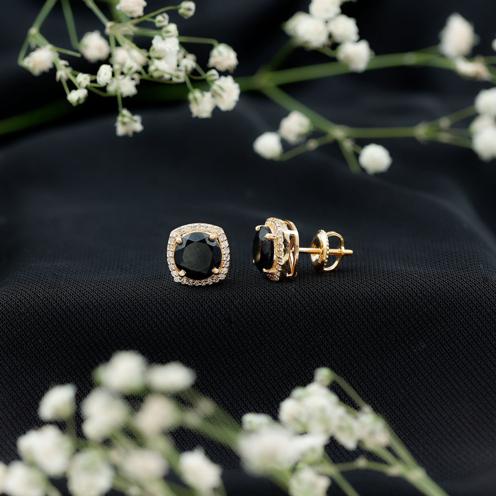 3 Carat Black Spinel Stud Earrings with Diamond Halo AAA - Rosec Jewels