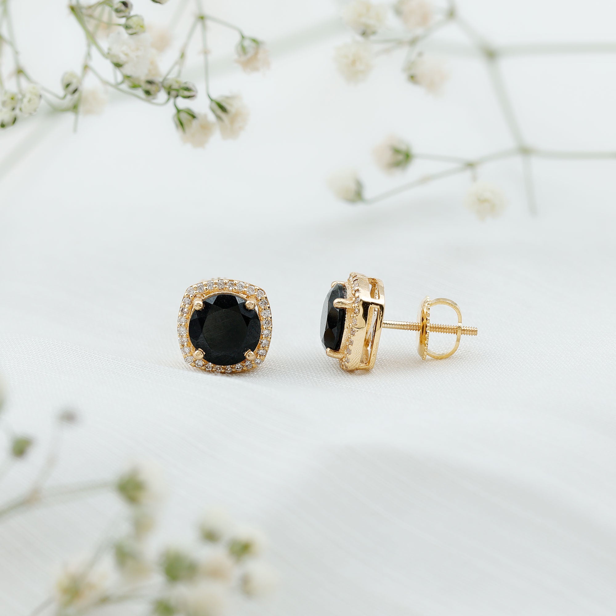 3 Carat Black Spinel Stud Earrings with Diamond Halo AAA - Rosec Jewels