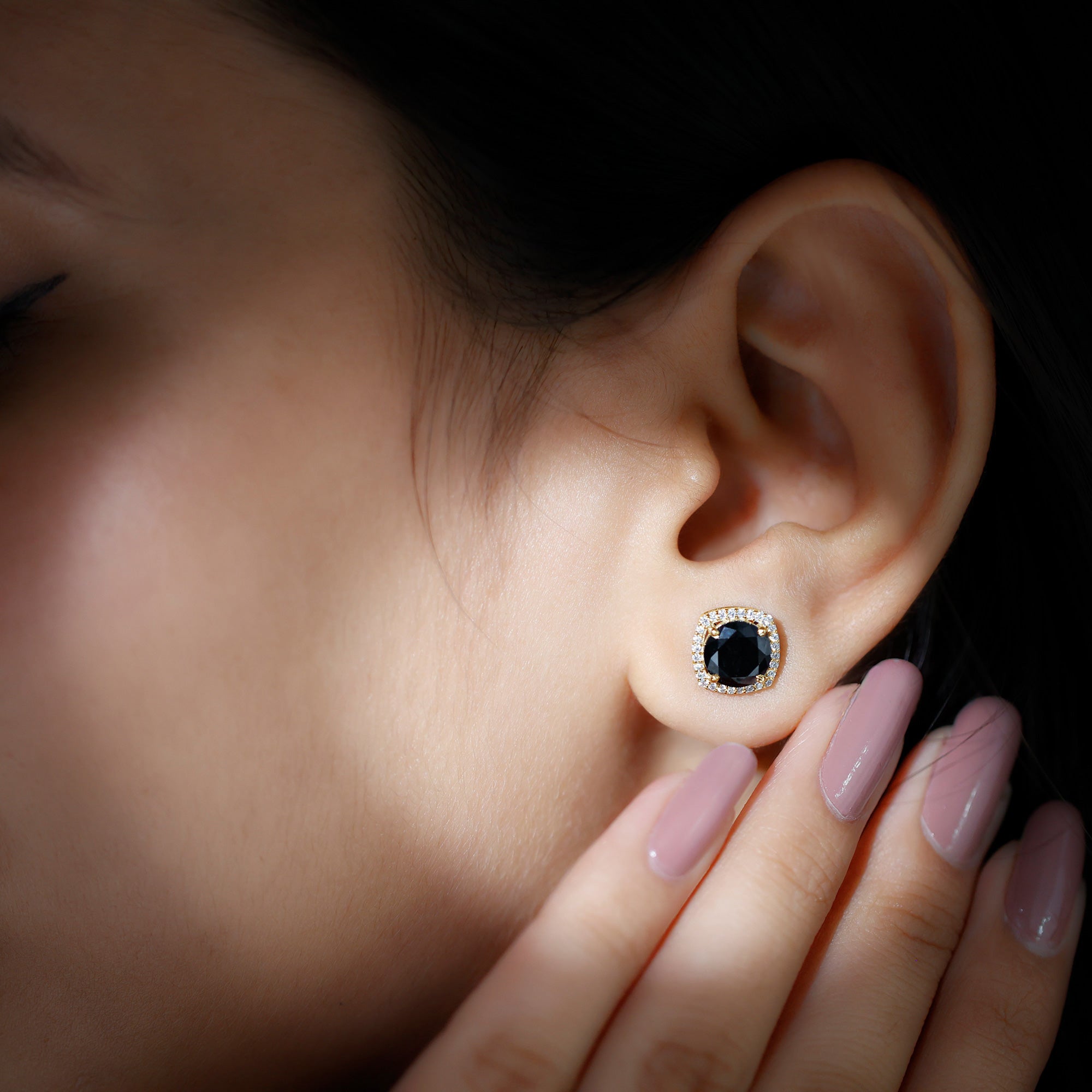 3 Carat Black Spinel Stud Earrings with Diamond Halo AAA - Rosec Jewels