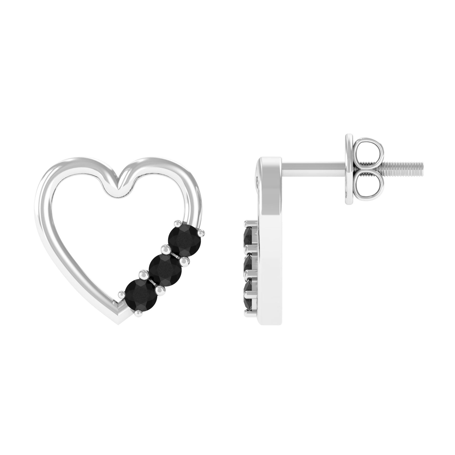 Open Heart Stud Earrings with Three Lab-Created Black Diamond