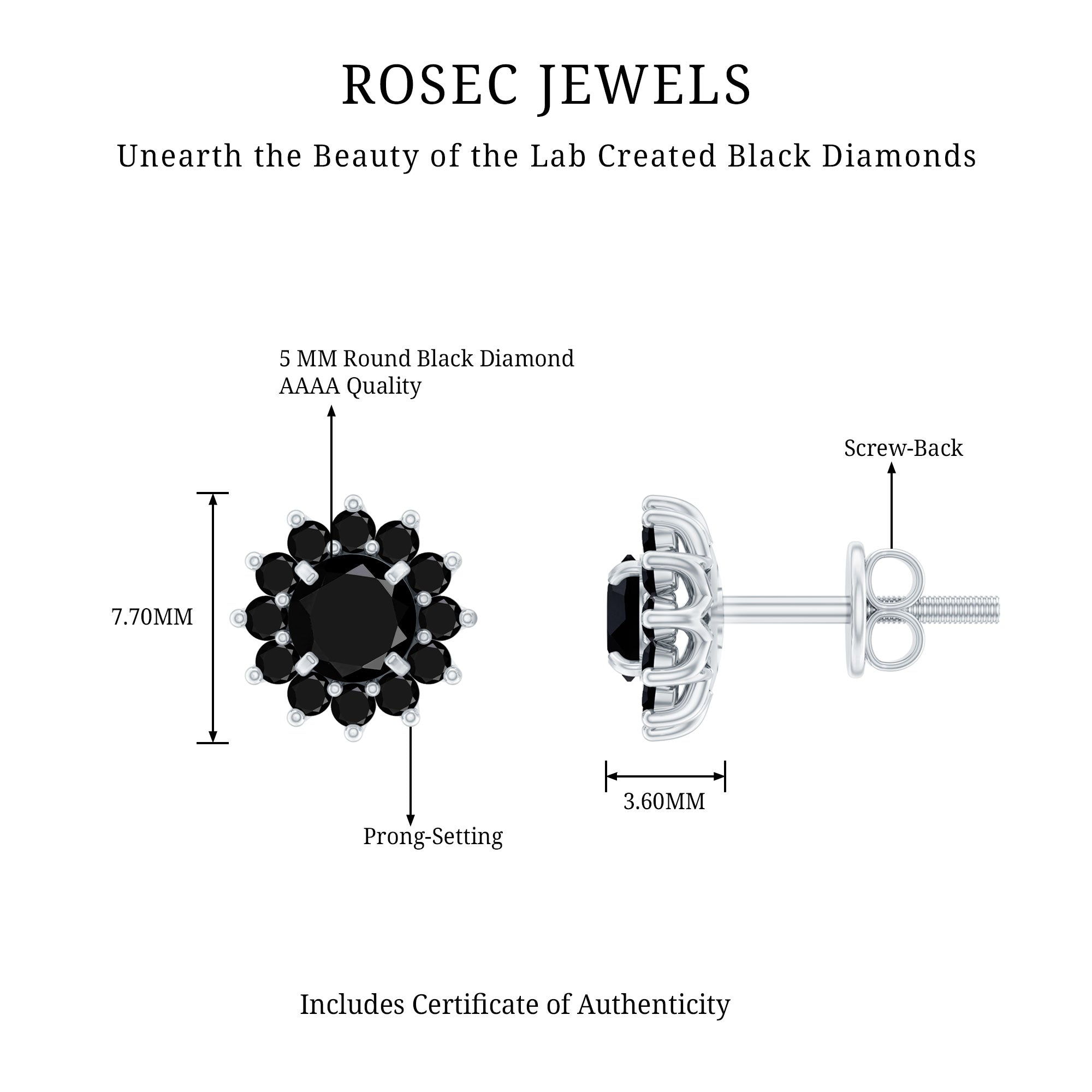 Lab Grown Black Diamond Statement Flower Earrings AAAA ( Synthetic ) - Rosec Jewels